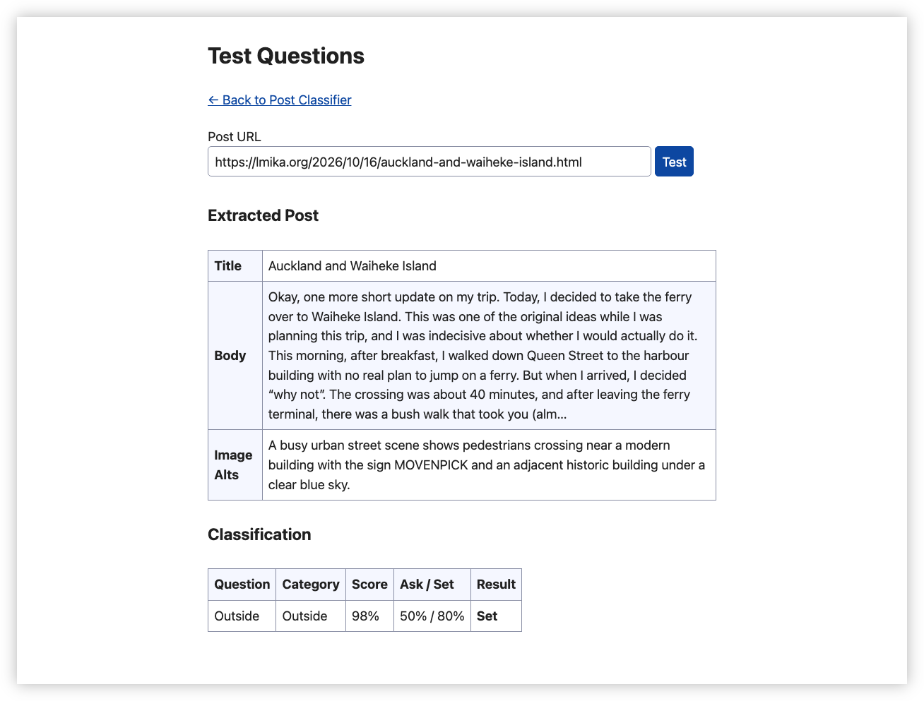 Auto-generated description: A webpage displays a test for extracting and classifying a post about a trip to Auckland and Waiheke Island, including the post's title, body, image alt text, and classification results.