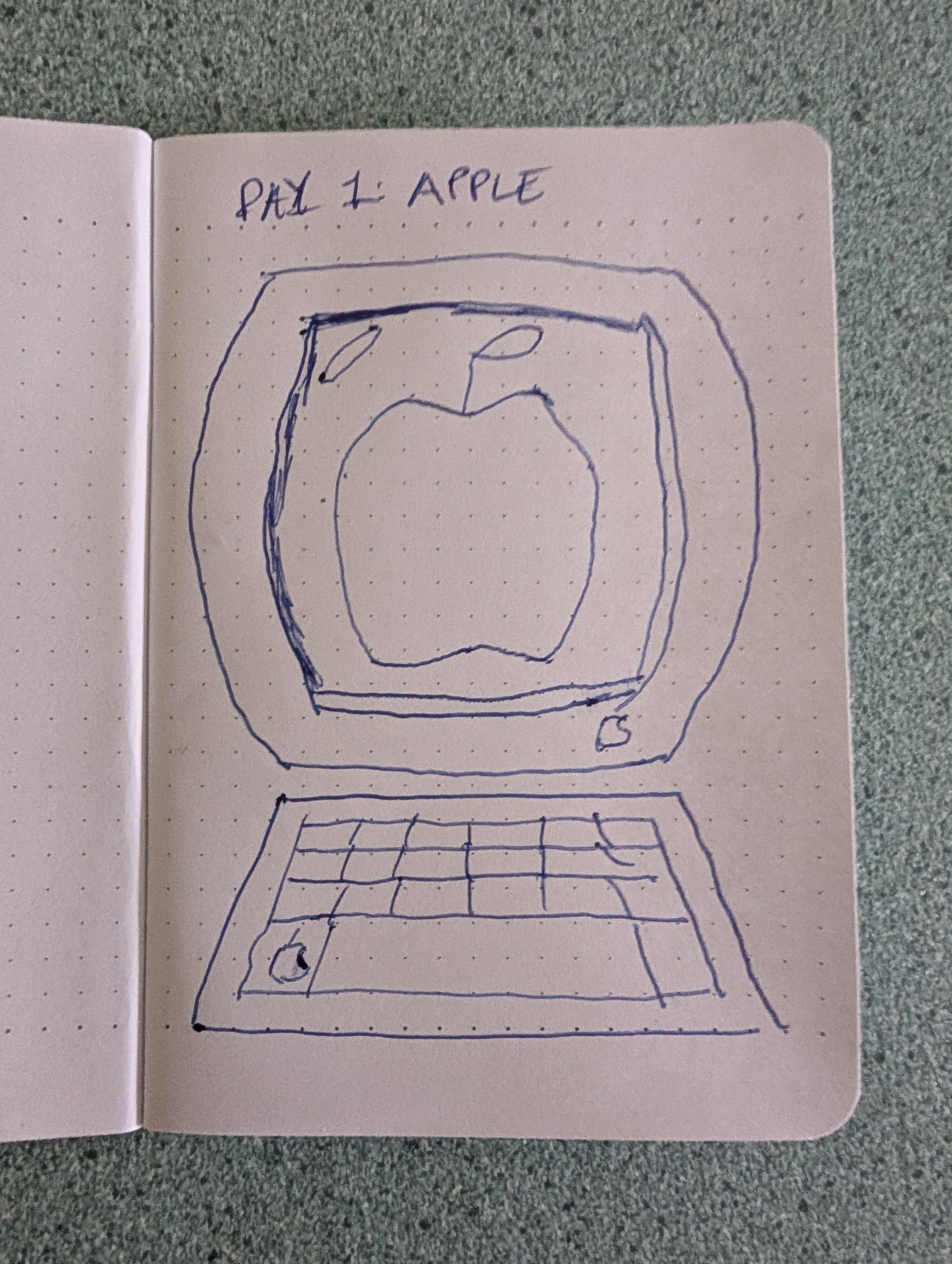 Auto-generated description: A hand-drawn sketch of an Apple computer with an apple displayed on the screen and a keyboard below it, labeled PAL 1 APPLE.