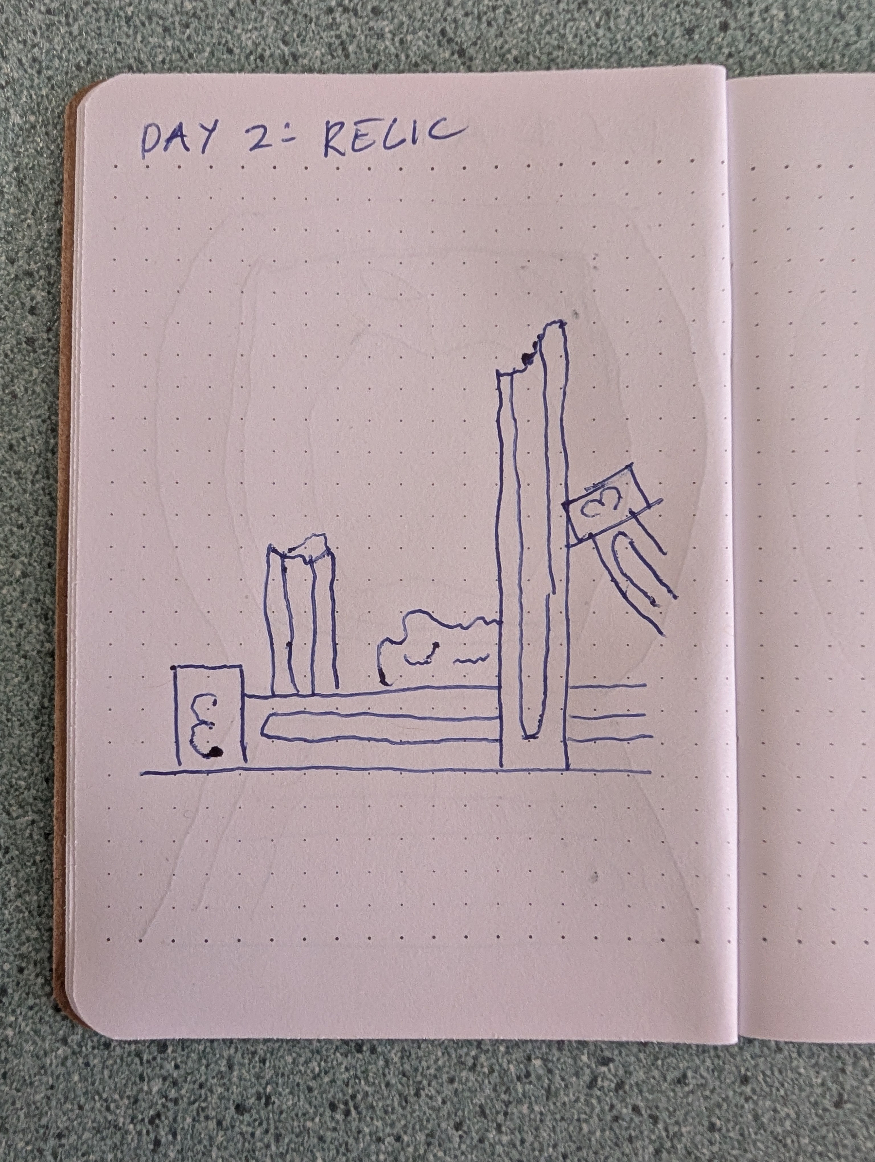 Auto-generated description: A rough sketch of broken pillars or relics on a flat surface is drawn in blue ink on dotted notebook paper with the title DAY 2: RELIC written above.