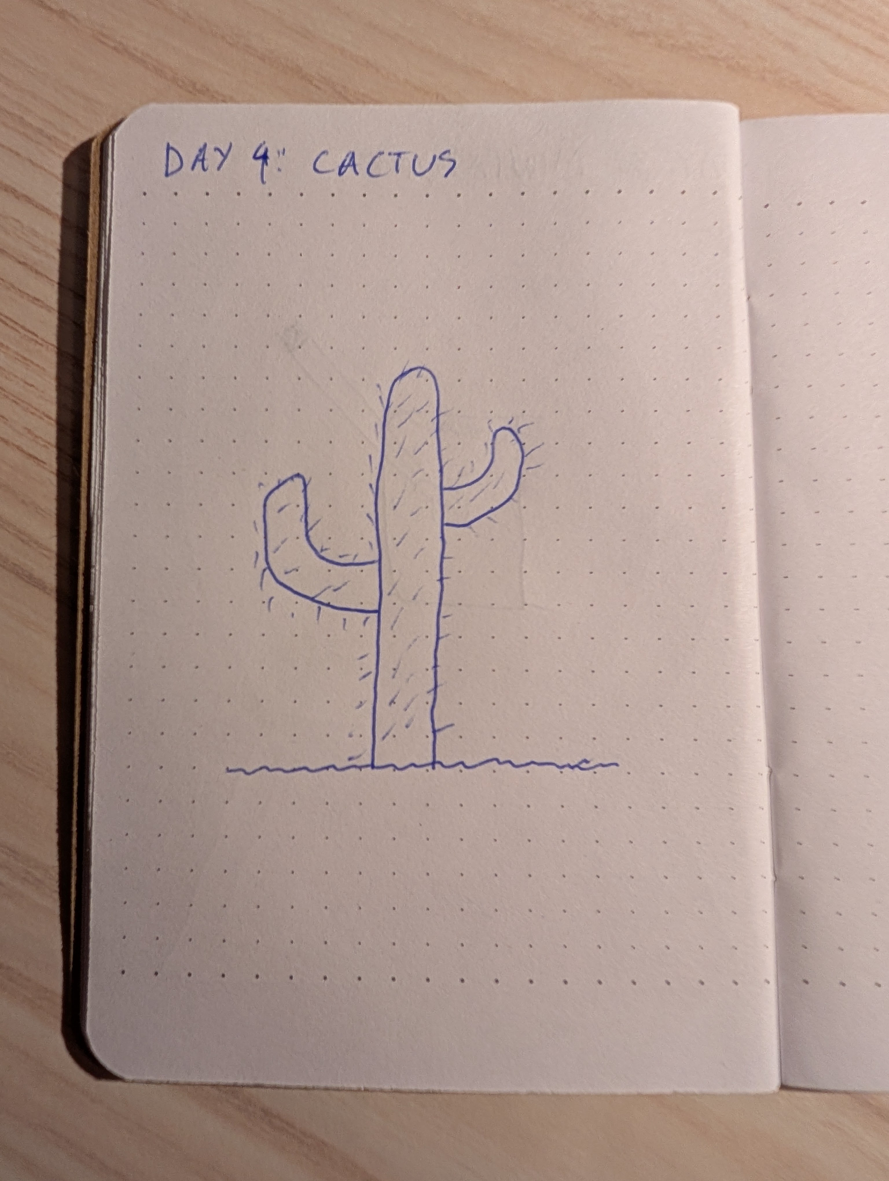 Auto-generated description: A simple blue ink drawing of a cactus with two arms and small spikes on a dotted notebook page labeled DAY 4: CACTUS is shown.