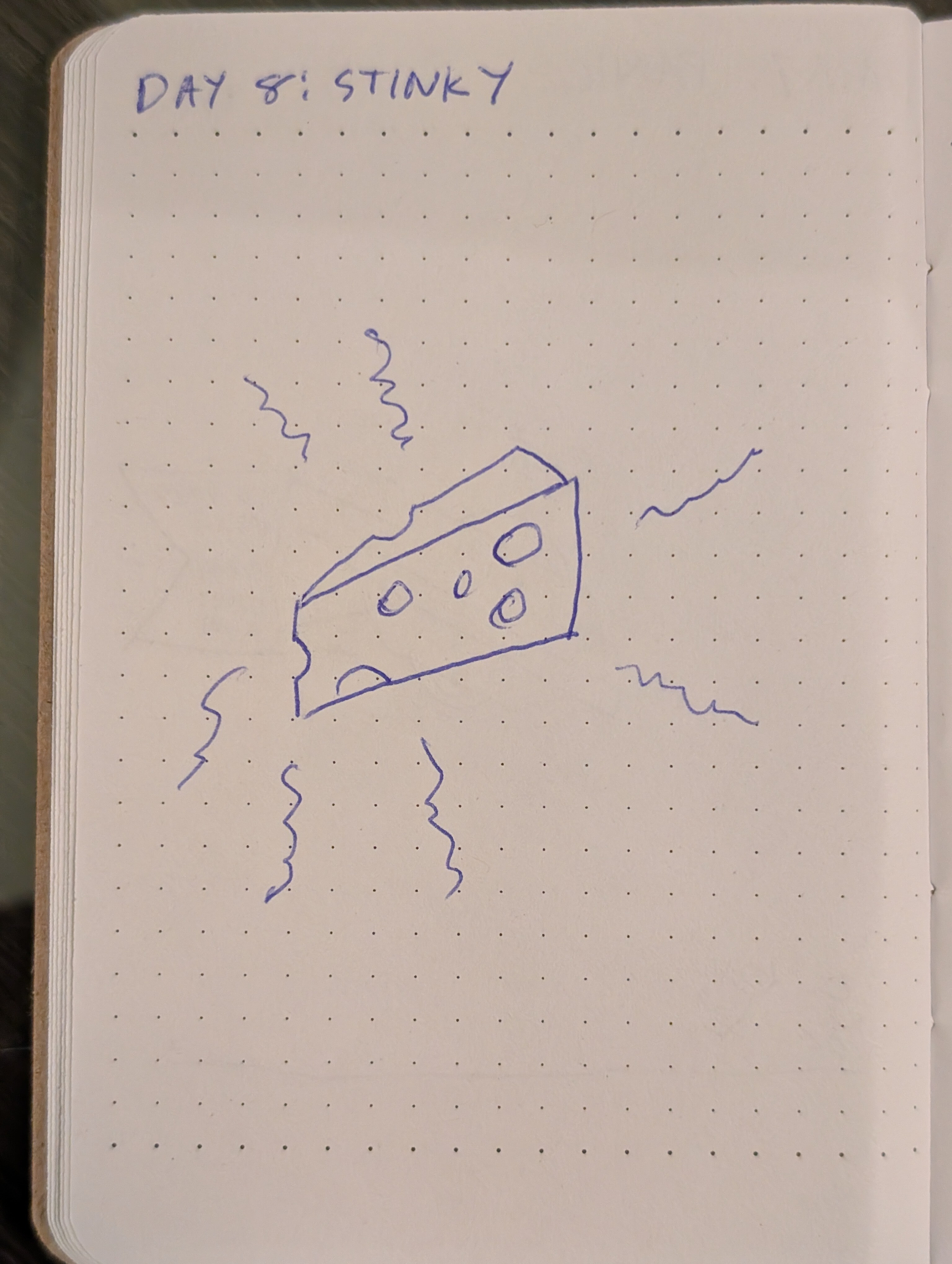 Auto-generated description: A simple drawing of a piece of cheese with wavy lines around it and the handwritten text DAY 8: STINKY above.