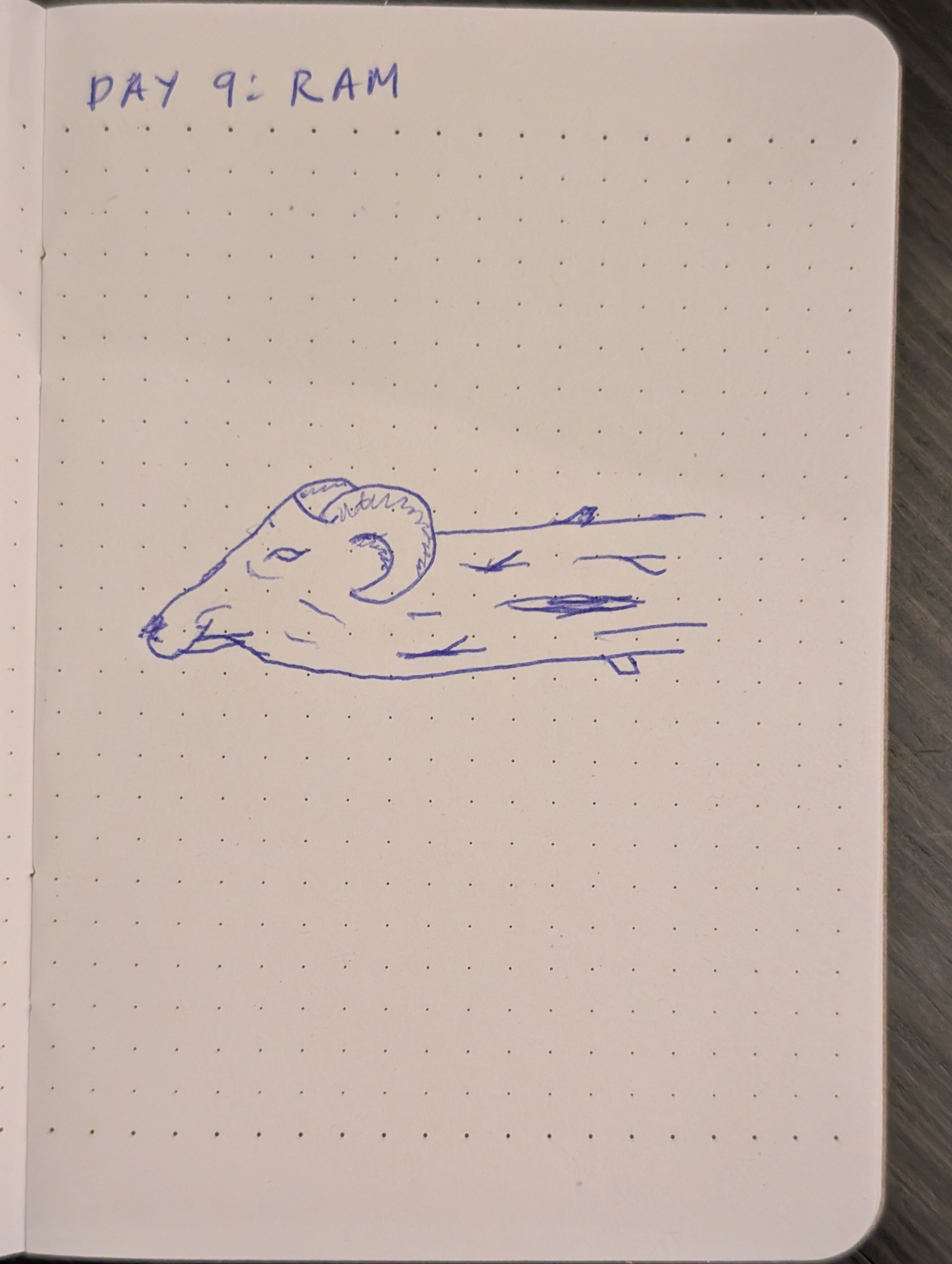 A simple blue pen drawing combines a ram's head on a wooden ram, labeled Day 9: Ram on dotted notebook paper.