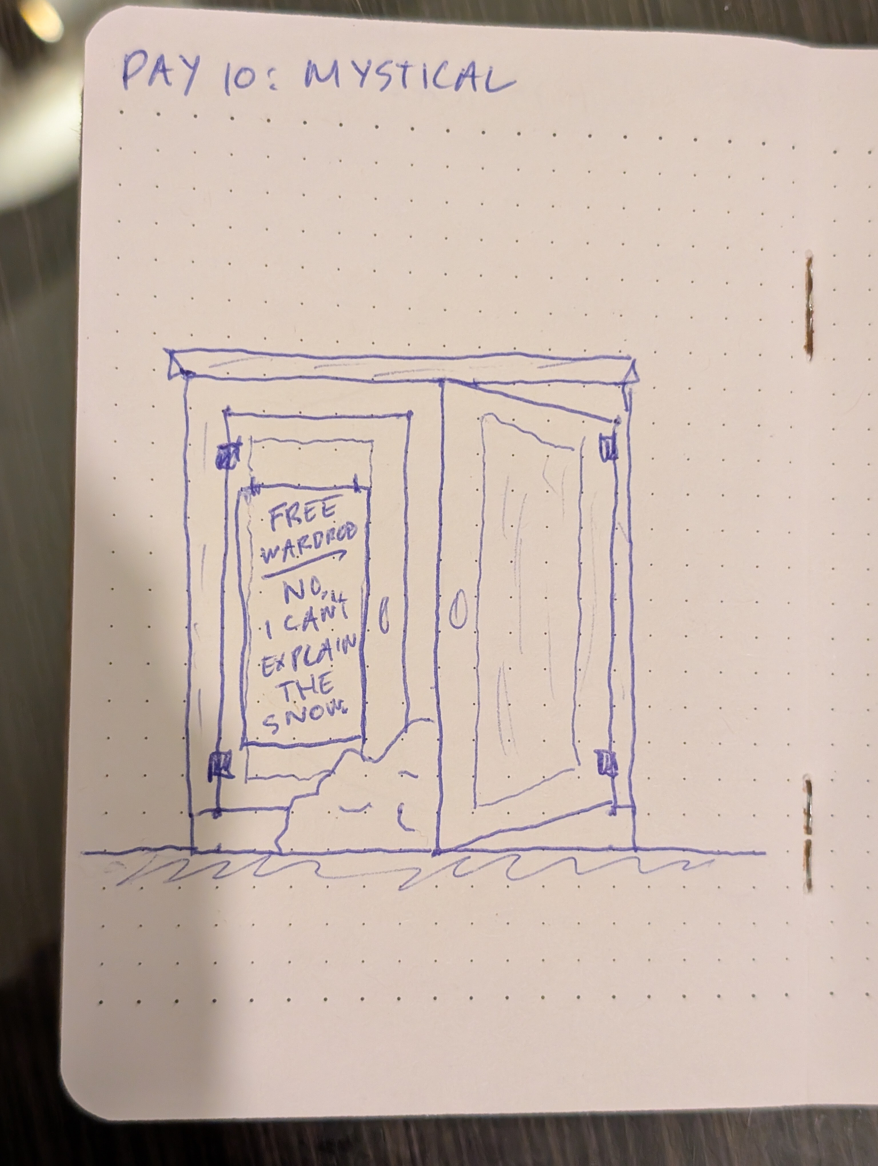 A hand-drawn sketch shows a wardrobe with one door open and a sign on the other door that reads, FREE WARDROBE. NO, I CAN'T EXPLAIN THE SNOW.