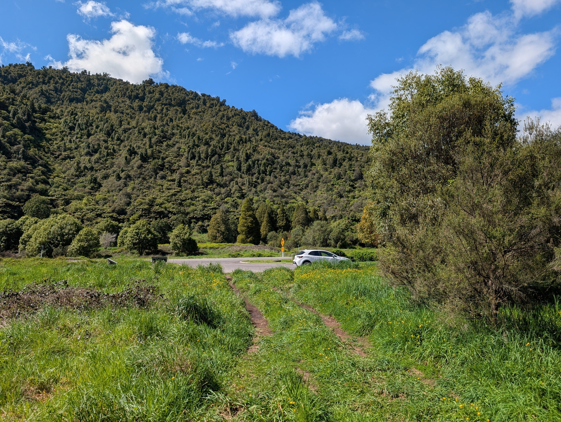 Auto-generated description: A white car is parked near a road surrounded by lush green grass, trees, and a hillside under a blue sky with scattered clouds.