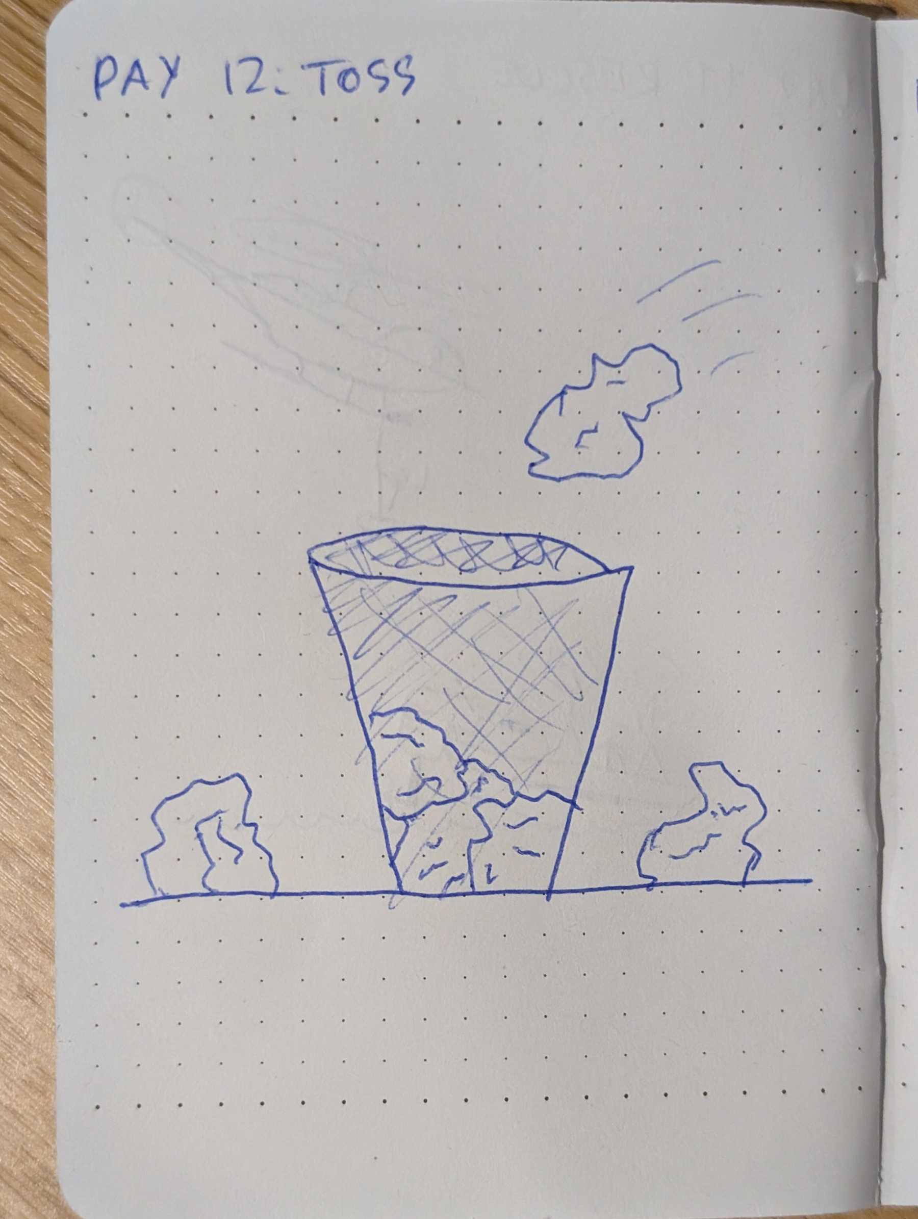A hand-drawn sketch shows a waste-paper basket with crumpled paper balls inside and some paper balls scattered around it, with the text DAY 12: TOSS written above.