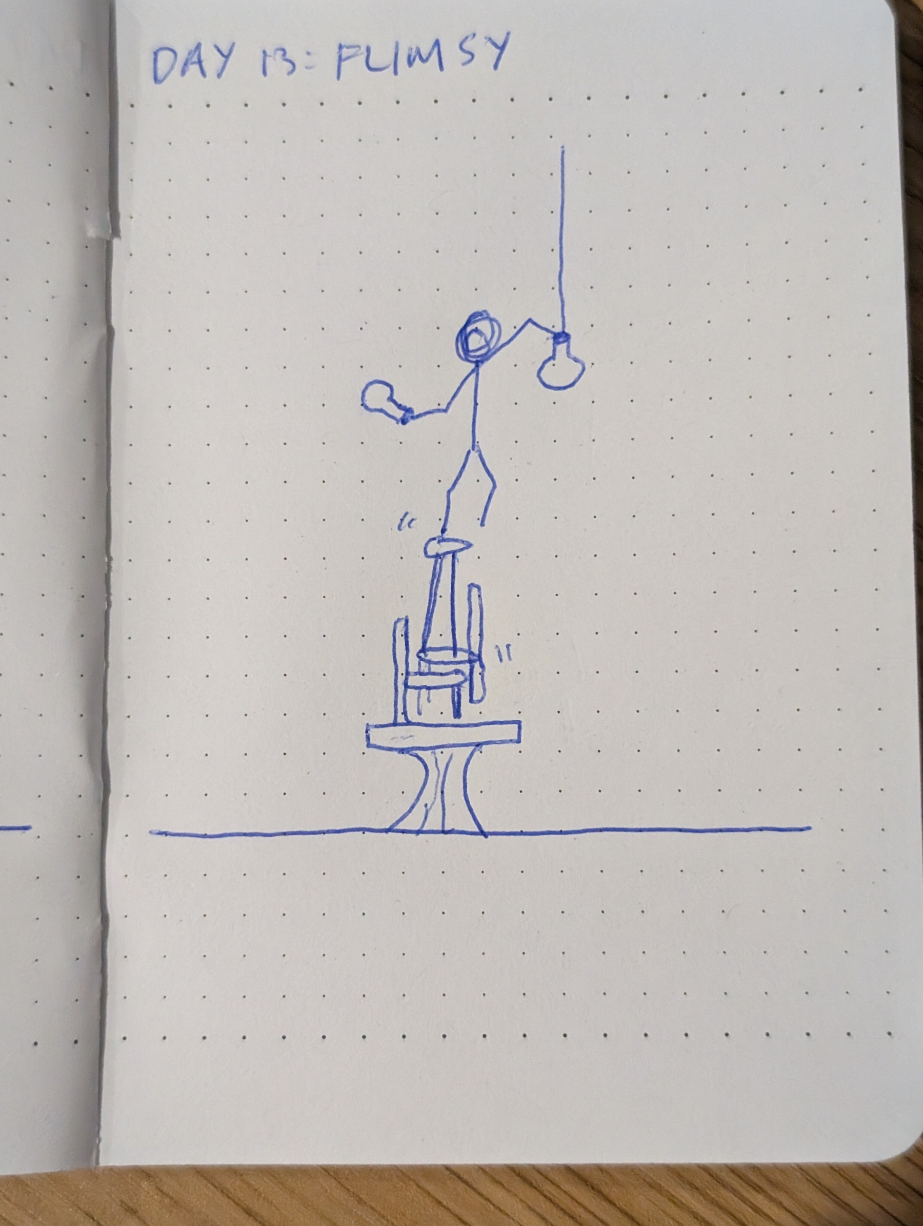A stick figure is precariously balancing on a stack of chairs while reaching for a hanging light bulb, labeled Day 13: Flumsy.