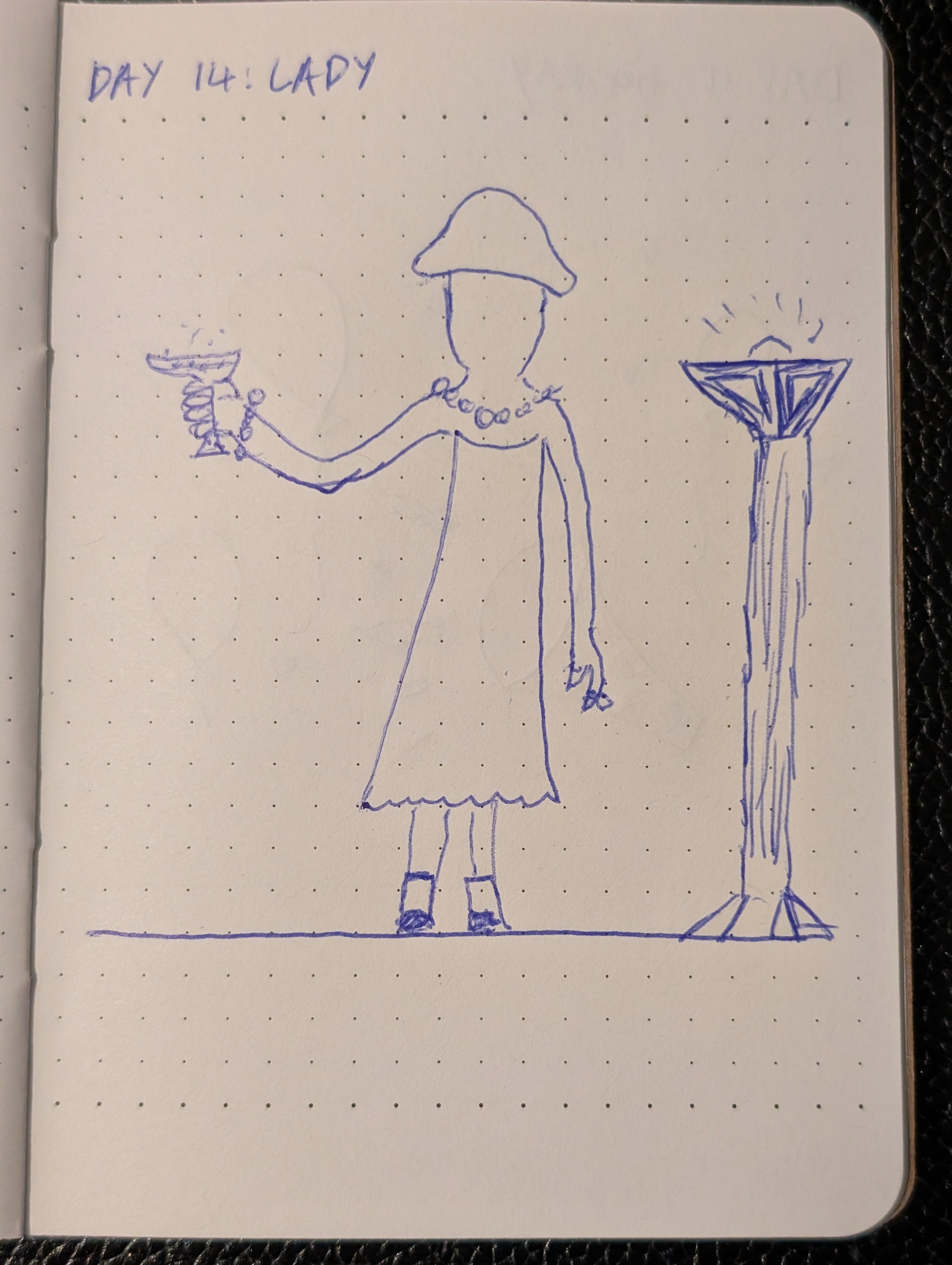 A lady wearing a hat and necklace holds a drink in one hand while standing next to a tall, glowing lamp.