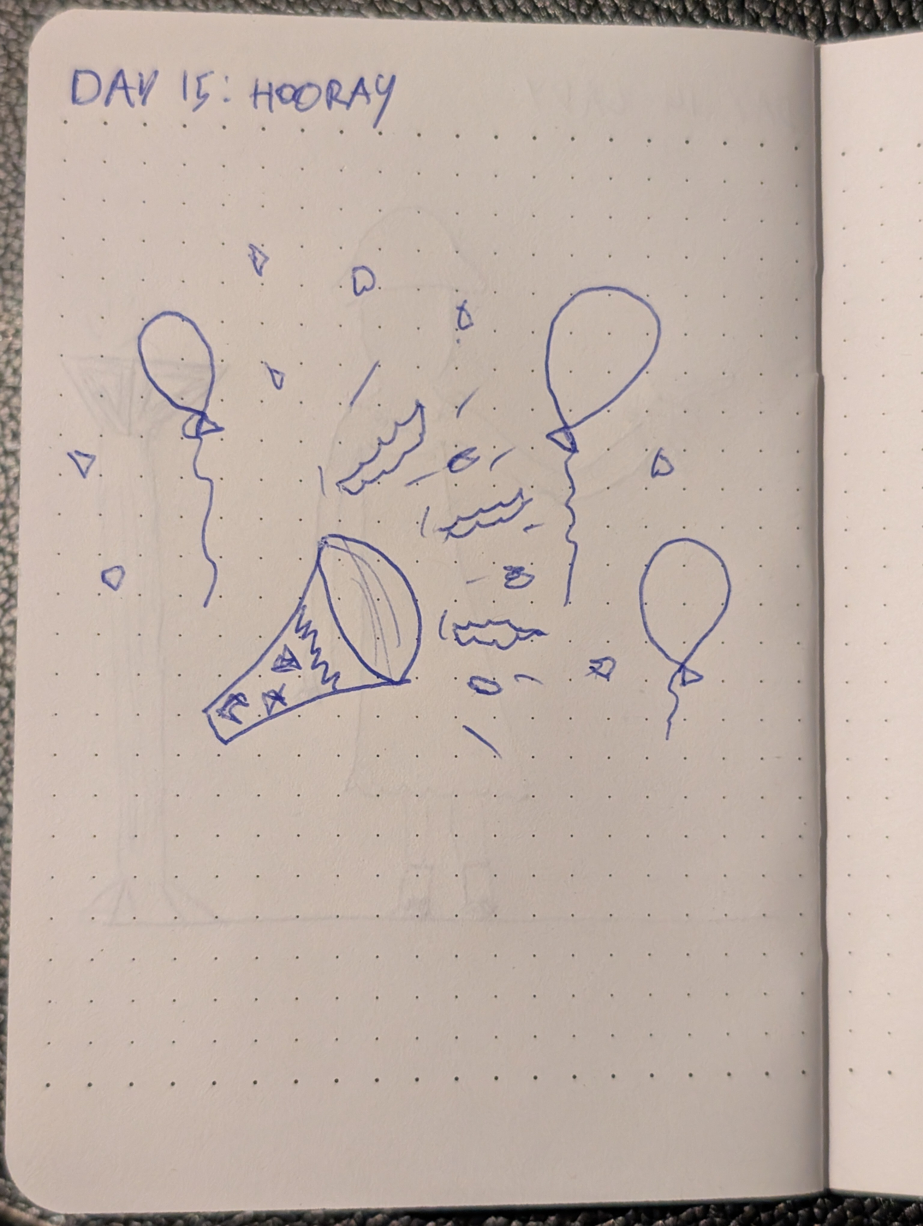 A drawing features a party popper exploding confetti and streamers surrounded by three balloons, labeled Day 15: Hooray.