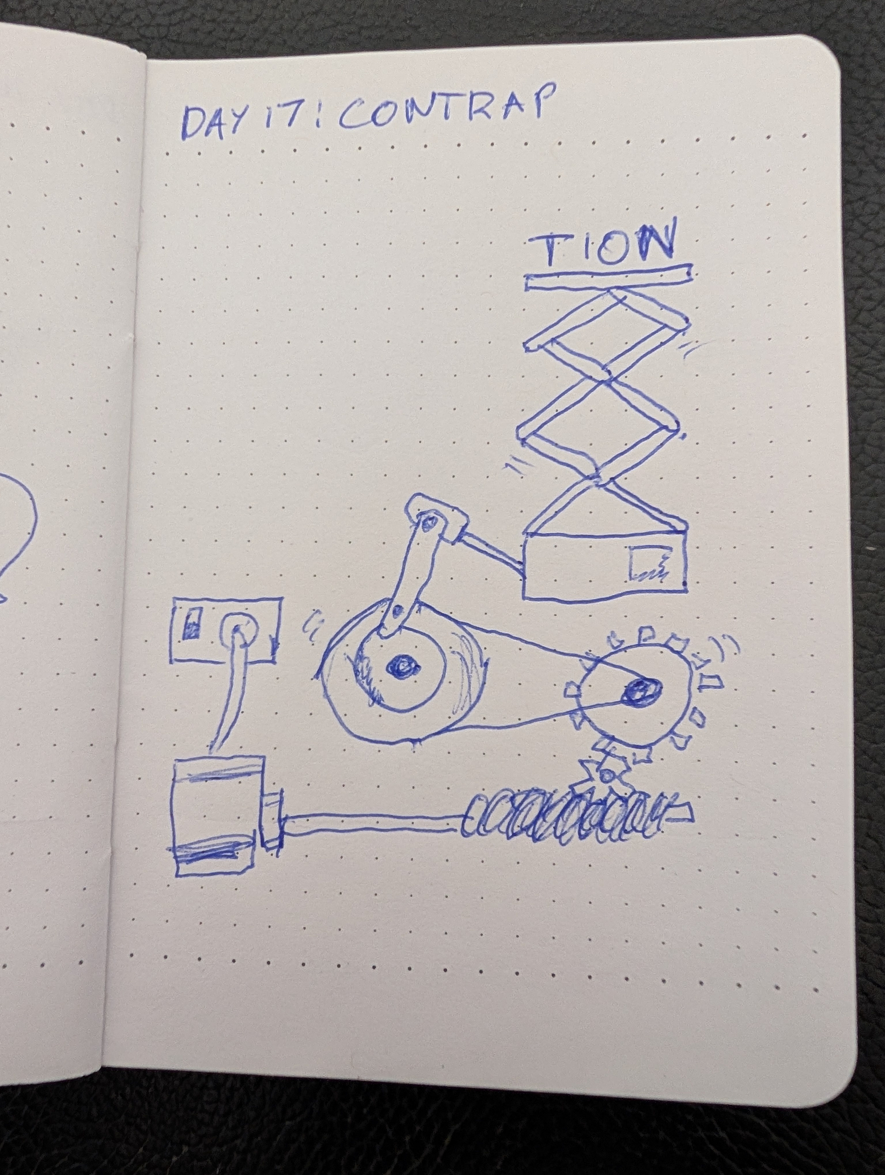 Auto-generated description: A hand-drawn sketch depicts a Rube Goldberg-style contraption involving gears, a spring, a motor or pump connected to a power source, and a scissor lift mechanism labeled TION.
