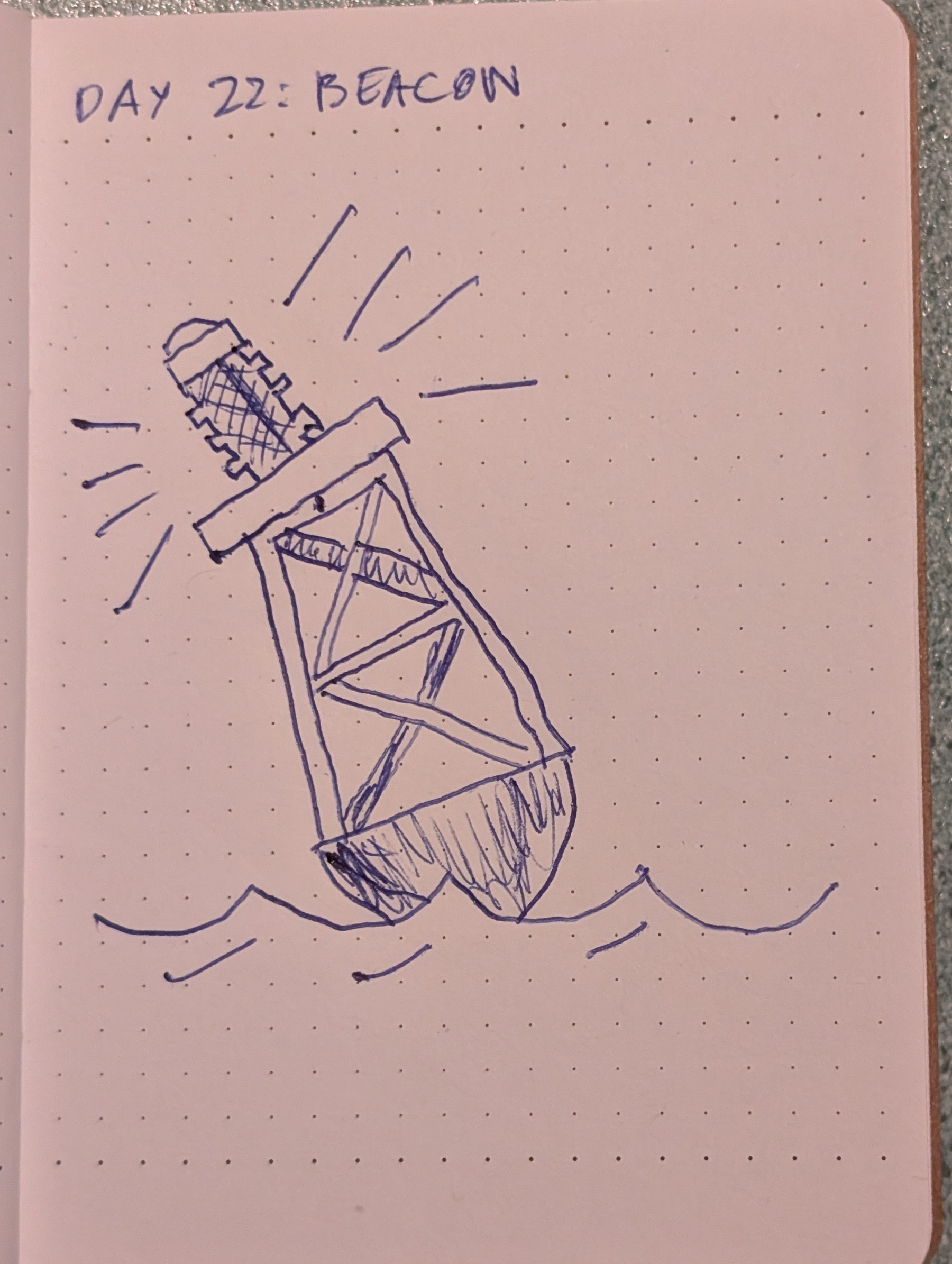 A hand-drawn sketch of a beacon floating in water with light rays emitting from its top is shown.