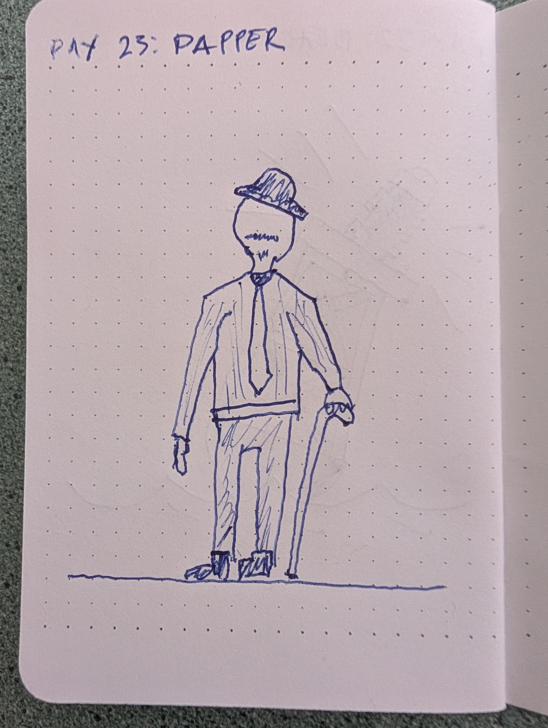 Auto-generated description: A simple pen drawing depicts a man wearing a hat, tie, and shirt, holding a cane in one hand.
