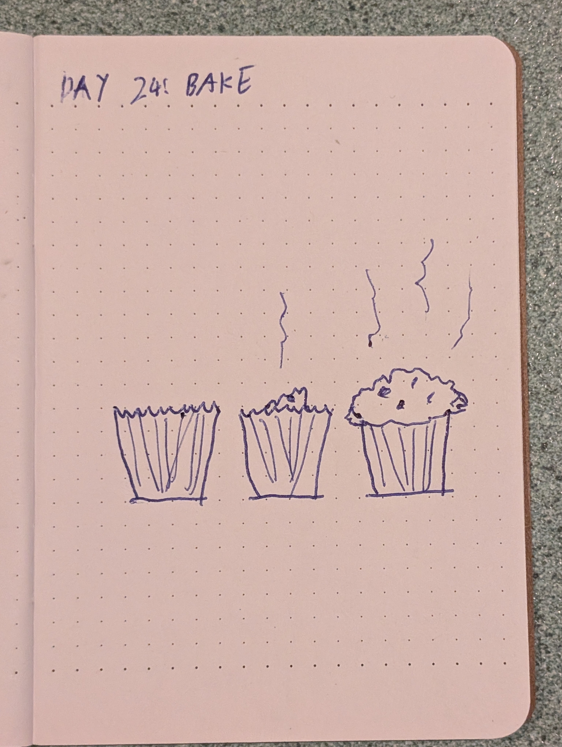 Three hand-drawn illustrations show the progression of a muffin baking from an empty liner to a fully baked muffin, with steam rising from it.