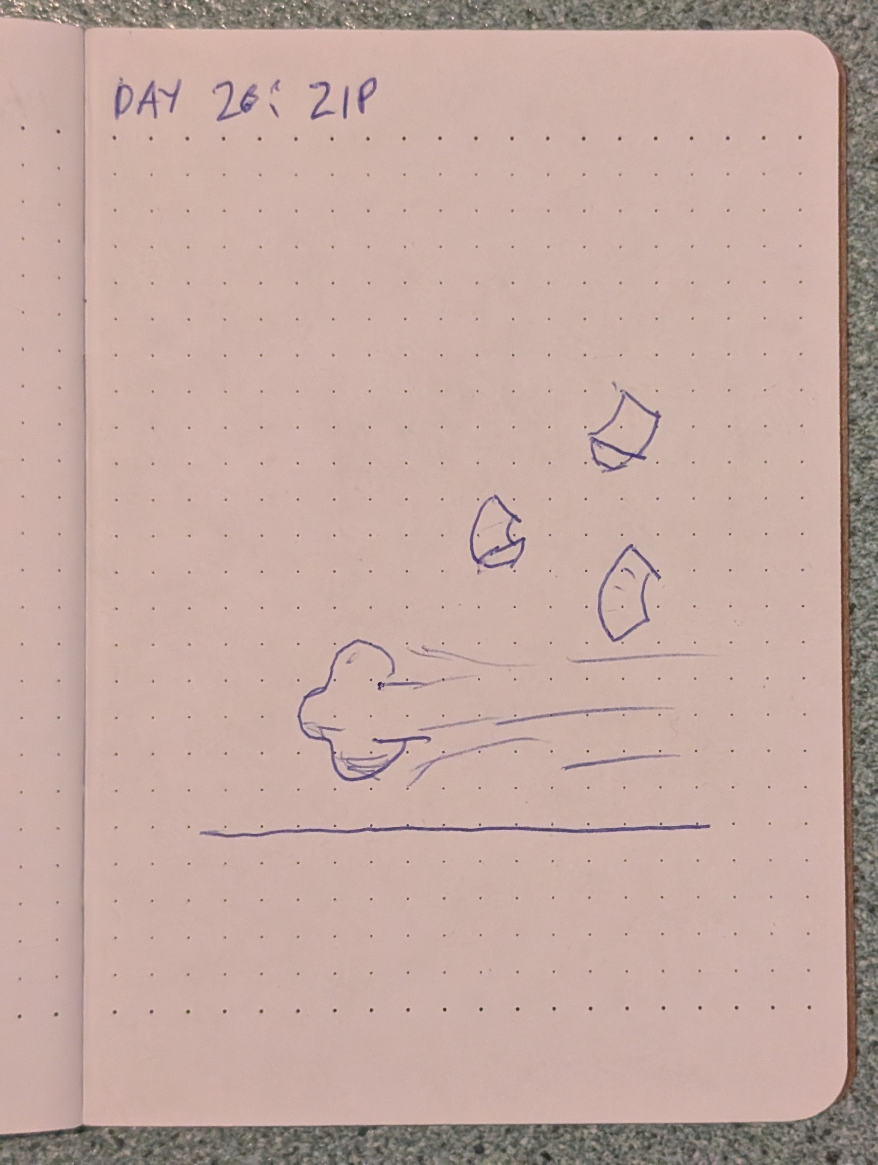 A simple sketch of a dash of smoke suggesting someone zipping away to the right with three pieces of flying paper, with the title DAY 26: ZIP.