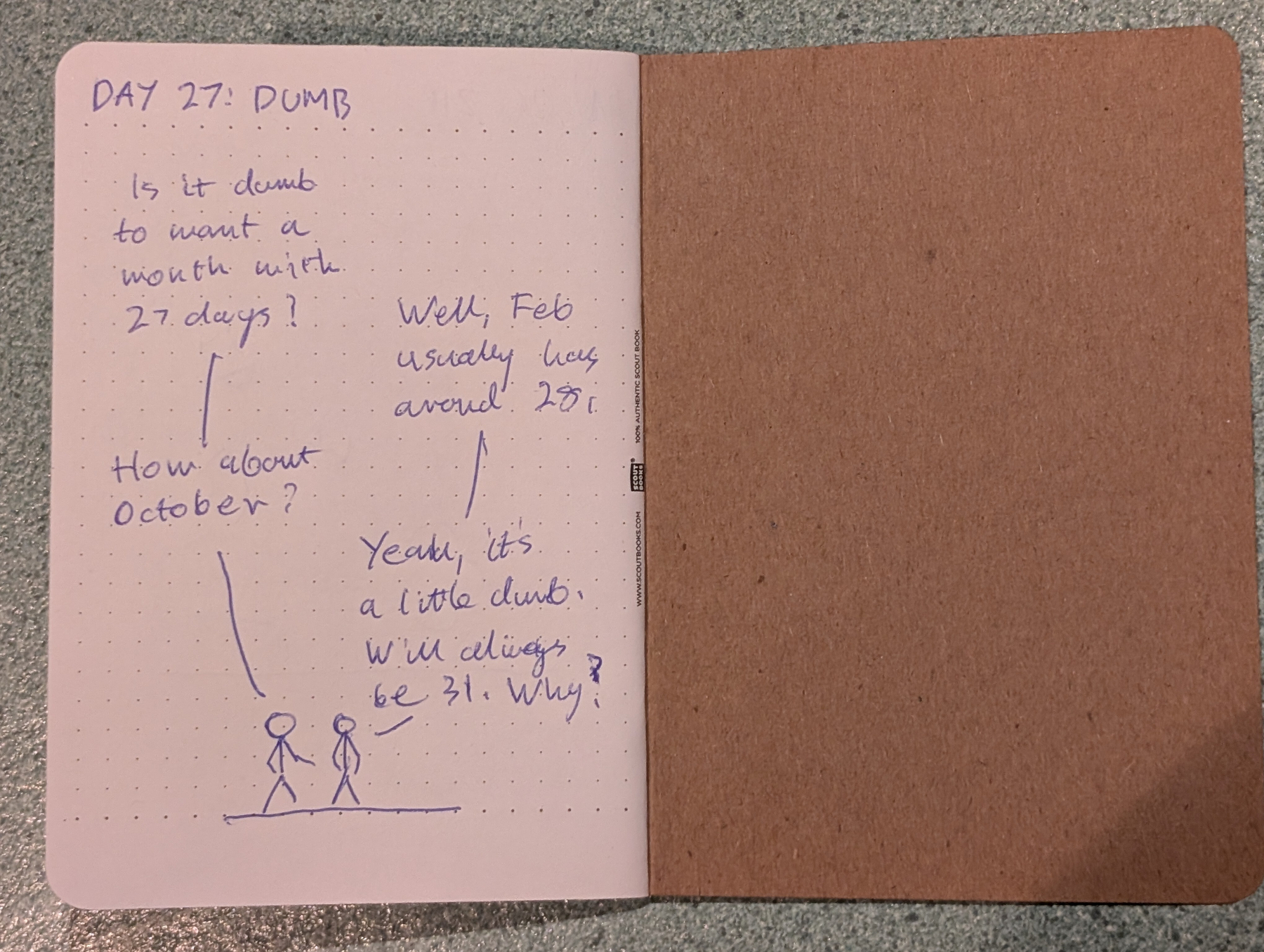 Auto-generated description: A handwritten notebook page shows a dialogue between two stick figures discussing the concept of waiting 27 days in a month, questioning its practicality compared to months with 30 or 31 days.