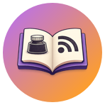 Auto-generated description: An open book with an ink bottle and a Wi-Fi signal icon on its pages is depicted against a gradient background.