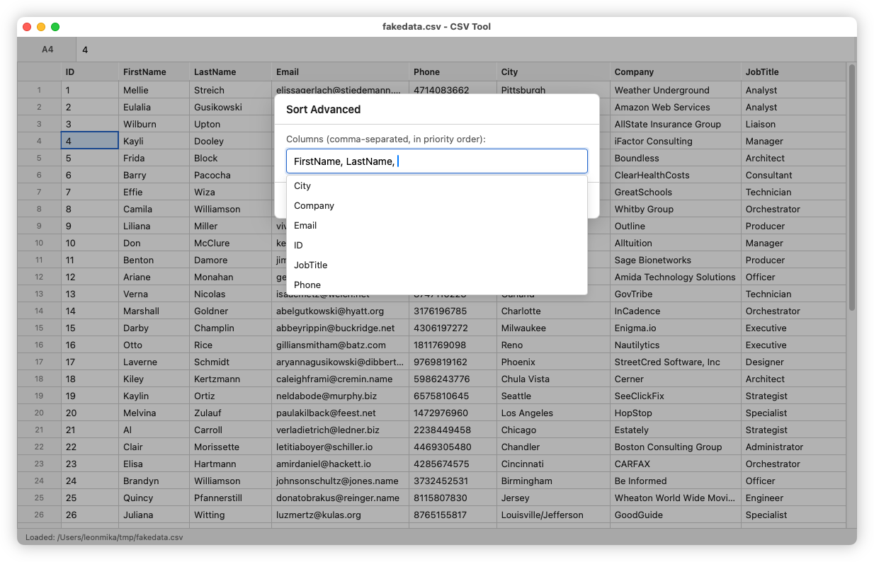 Auto-generated description: A computer screen displays a CSV editing tool with a dataset of names, contact information, and occupations, featuring a Sort Advanced pop-up for organizing columns.