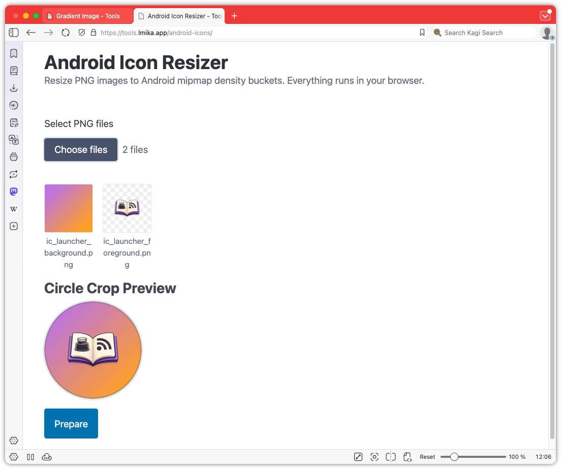 Auto-generated description: An Android Icon Resizer tool interface is displayed, allowing users to choose PNG files and preview a circular crop of selected images.
