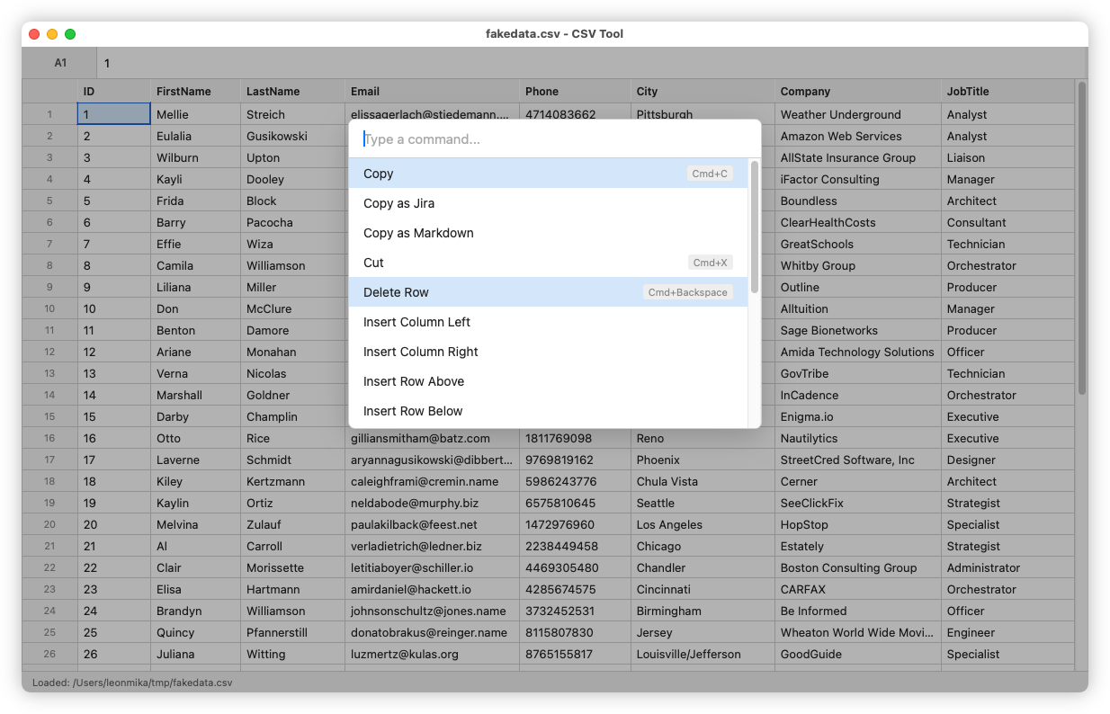Auto-generated description: A spreadsheet-like interface displays a list of names, emails, and other information, with a context menu open showing options related to row and column operations.