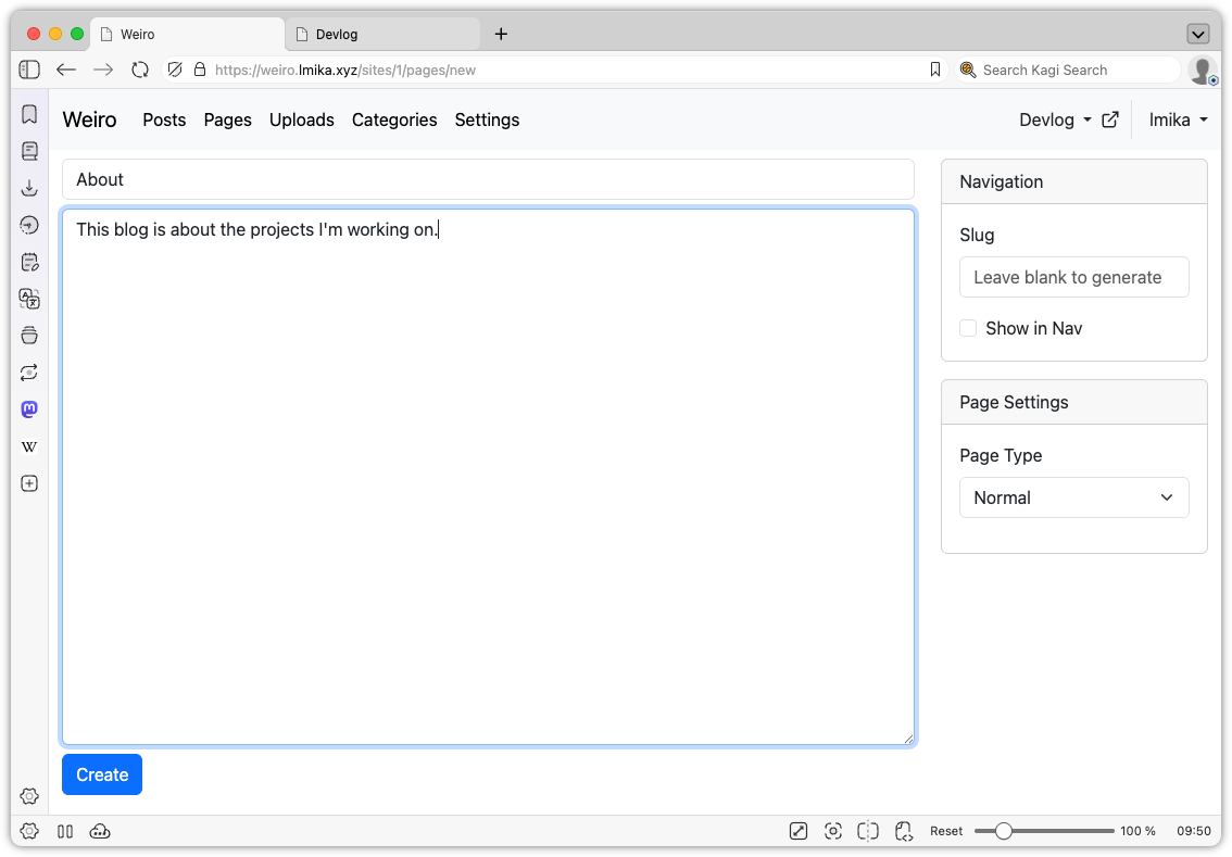 Auto-generated description: A webpage editor is displaying text input fields for creating an About page with options for page settings and navigation.