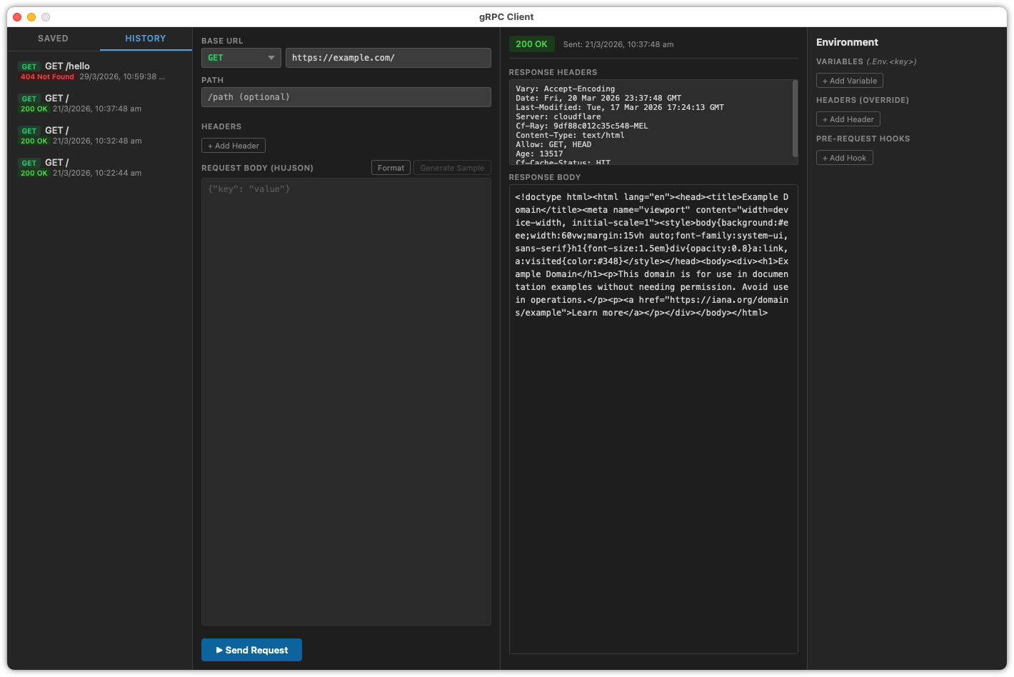 Auto-generated description: A screenshot of a gRPC client interface showing request and response details, including headers and response data.