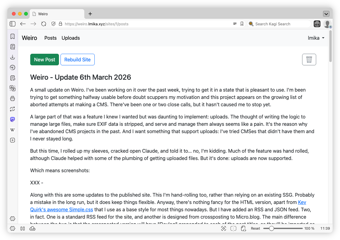 Auto-generated description: A screenshot of a website interface showing a blog post titled Weiro - Update 6th March 2026 with a draft status indicator.