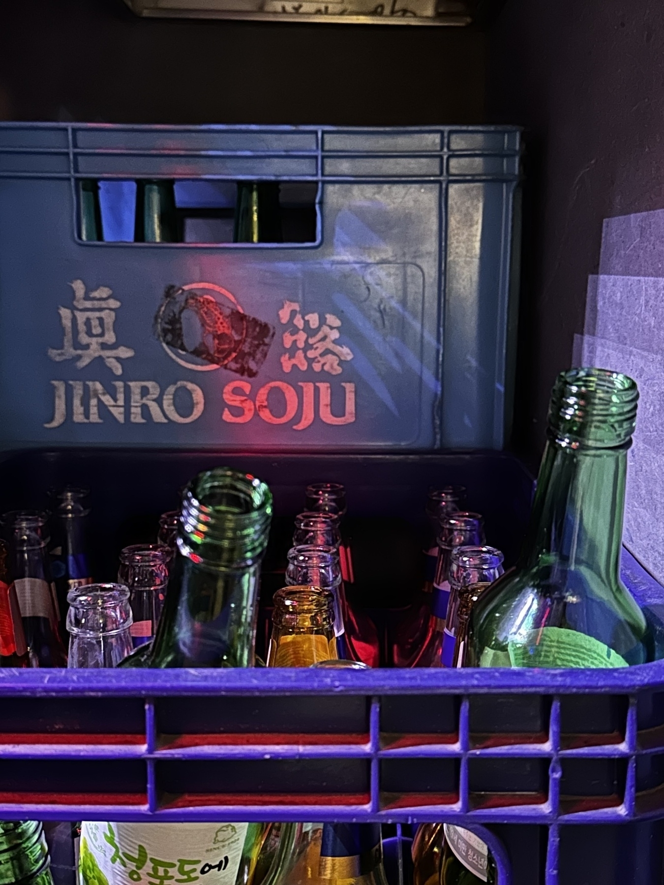 Empty soju and beer bottles