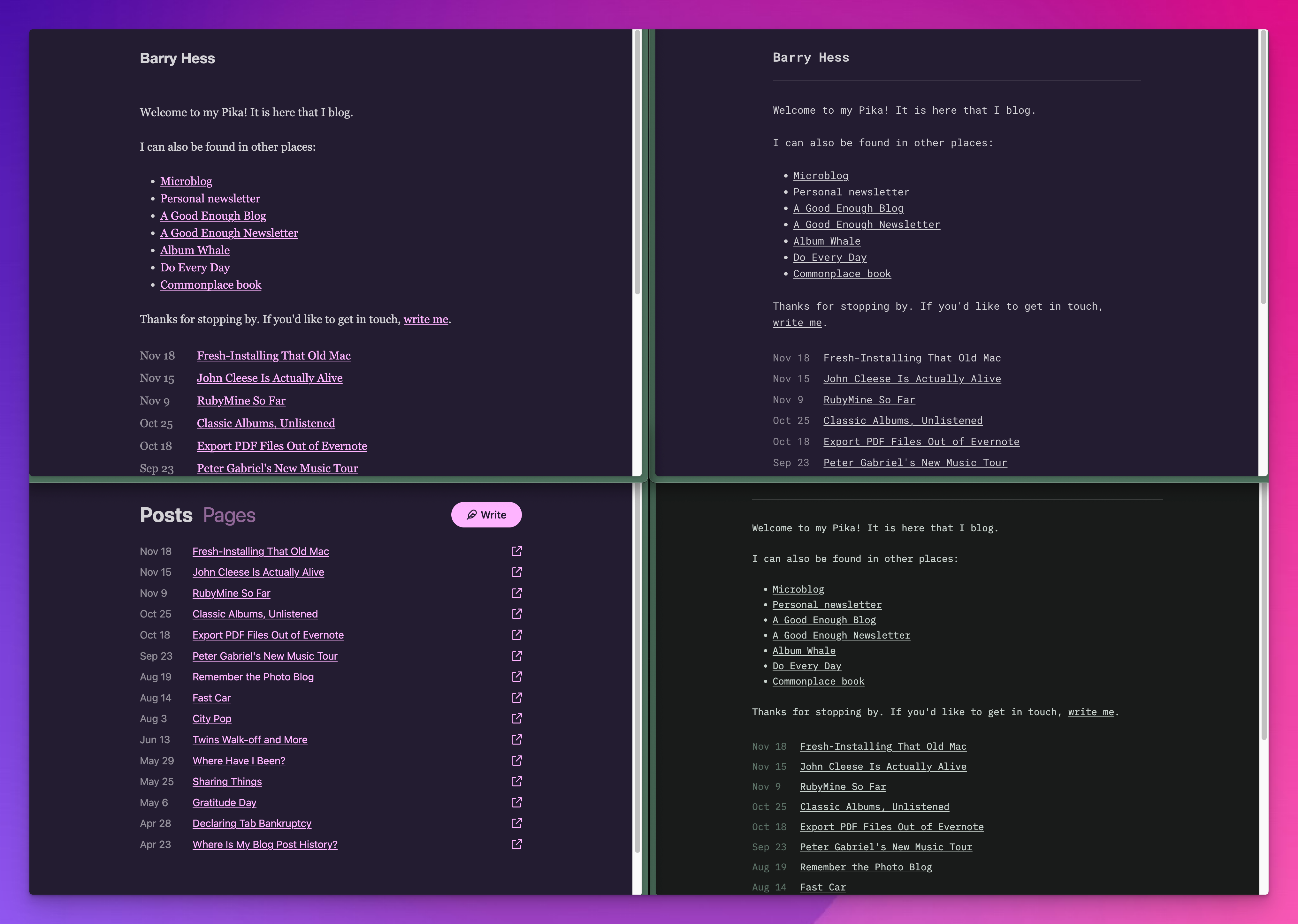 Screenshots of an upcoming blog software by Good Enough. In dark mode.
