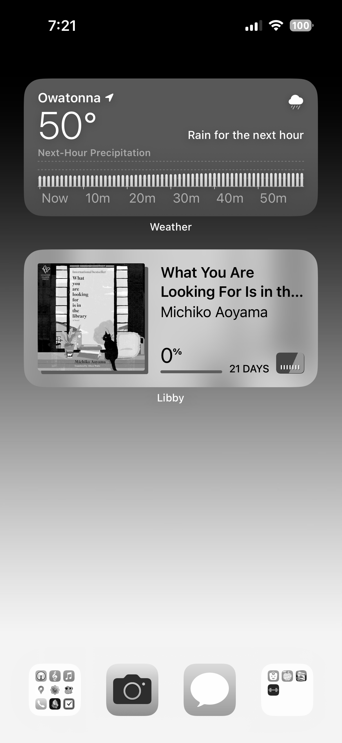 A minimal iOS home screen with weather and libby witdgets and 4 icons along the bottom