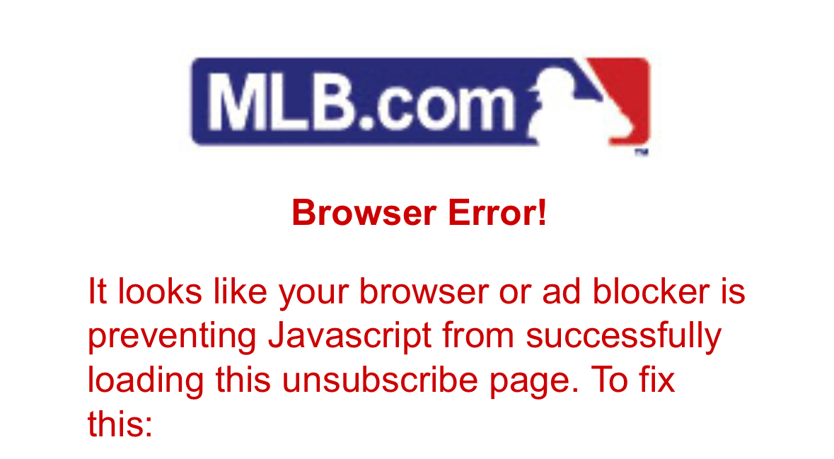 A web error page saying your ad blocker is causing problems with the email unsubscribe page.