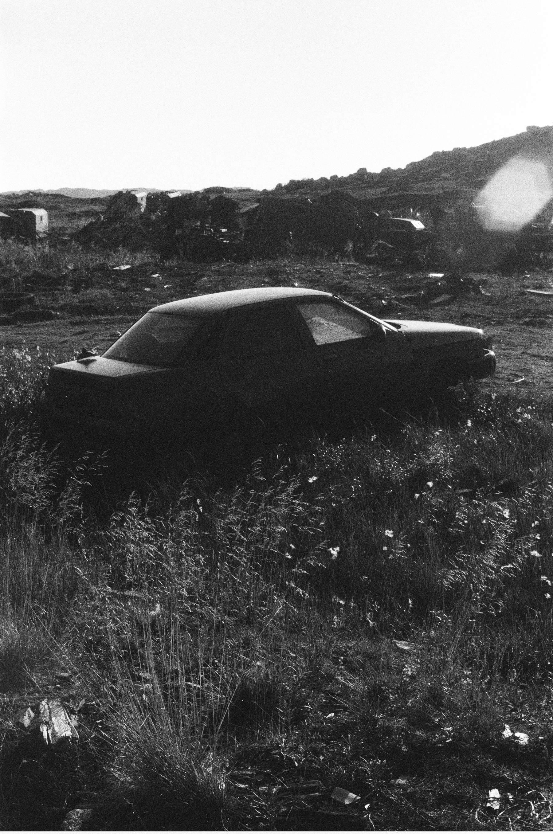 A dark car is partially hidden in tall grass in a desolate, uneven landscape with scattered debris and hills in the background.