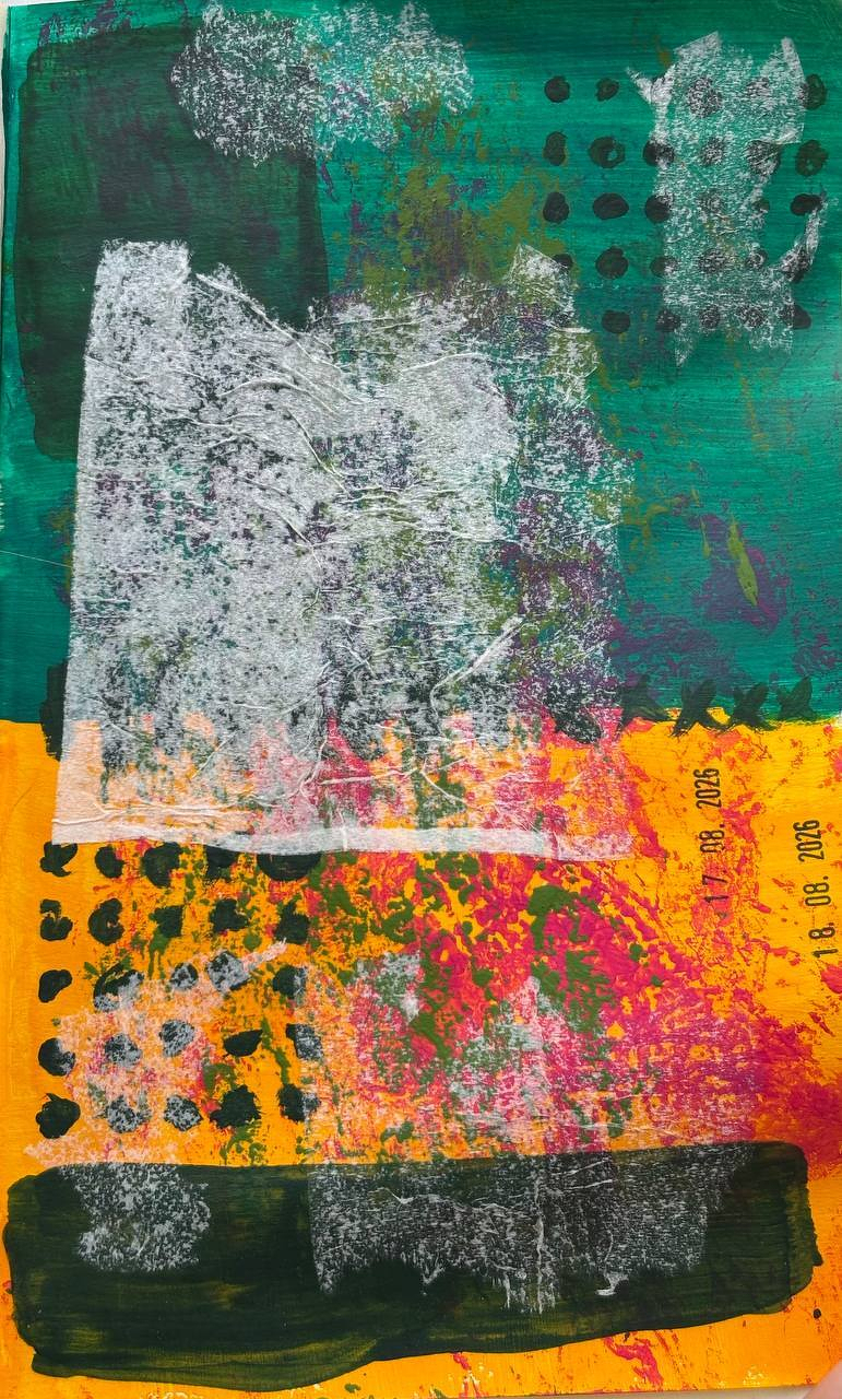 A colorful abstract painting features layers of green, orange, and black with textured white and pink brushstrokes and scattered black dots.