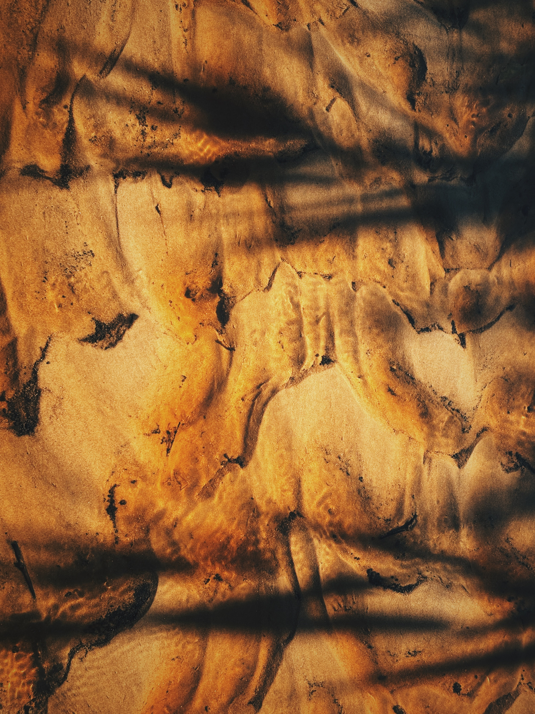Sunlight and shadows create dancing patterns on a sandy surface.