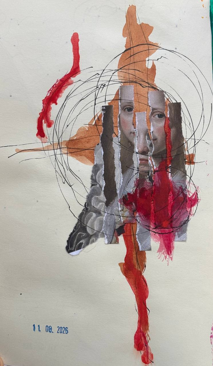 A fragmented and abstract collage of a face is combined with swirling black lines, red and brown paint strokes, and torn paper textures.