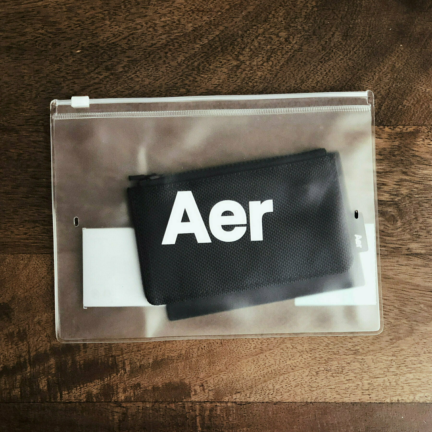 The Aer Cardholder as it arrives in its zippered plastic packaging