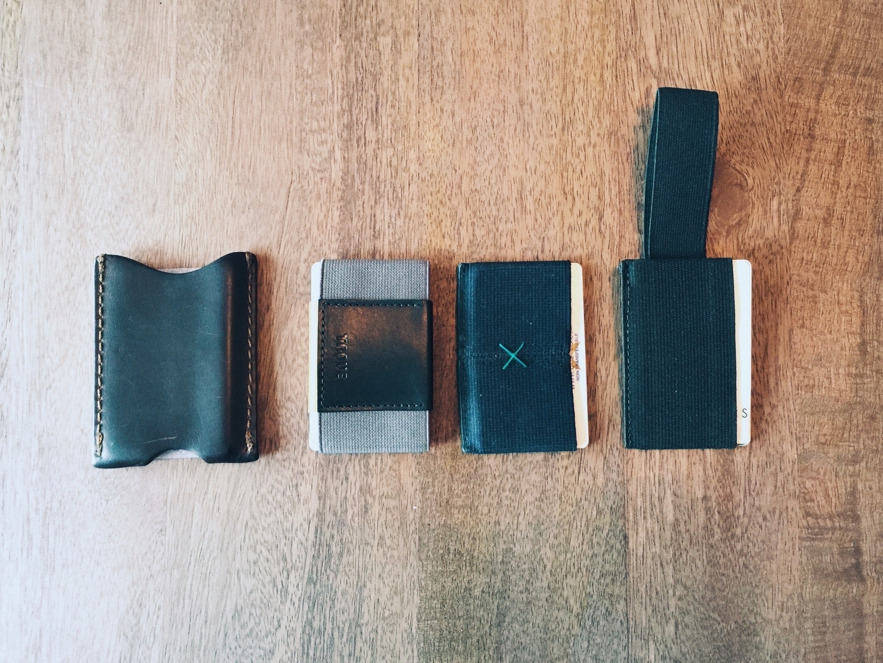 The Trove and its competitors (from left to right): Saddleback Sleeve Wallet, Trove Factory Edition, Supr Slim Wallet, and Snapback Wallet 2.