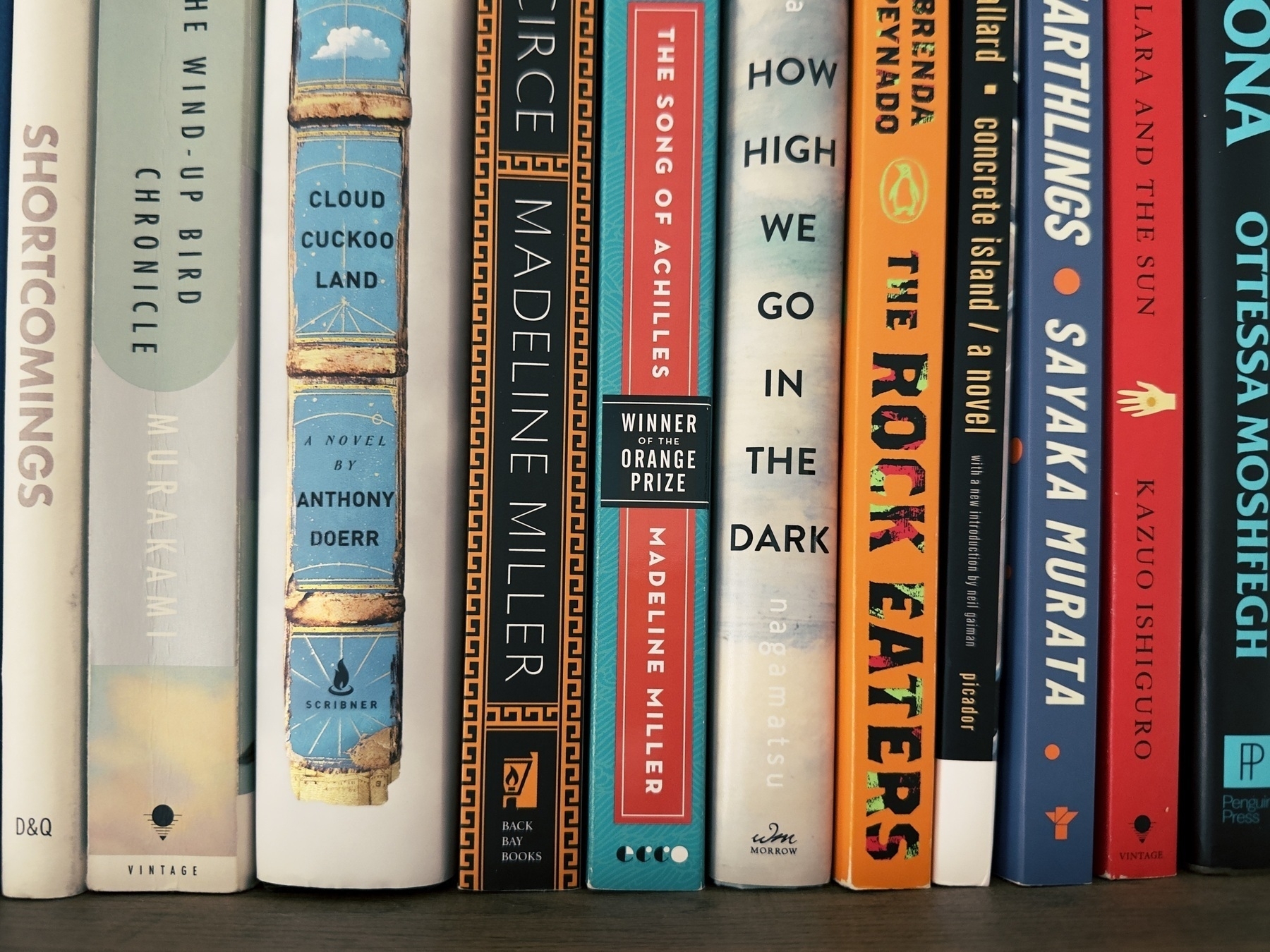 line up of several books on a wooden shelf from various authors