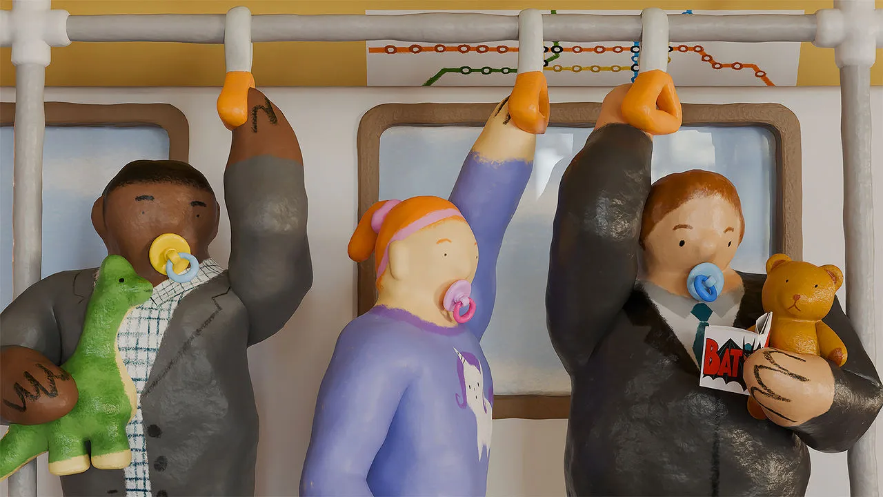 drawing of adults on a train with pacifiers in their mouths; image from The Economist article linked to