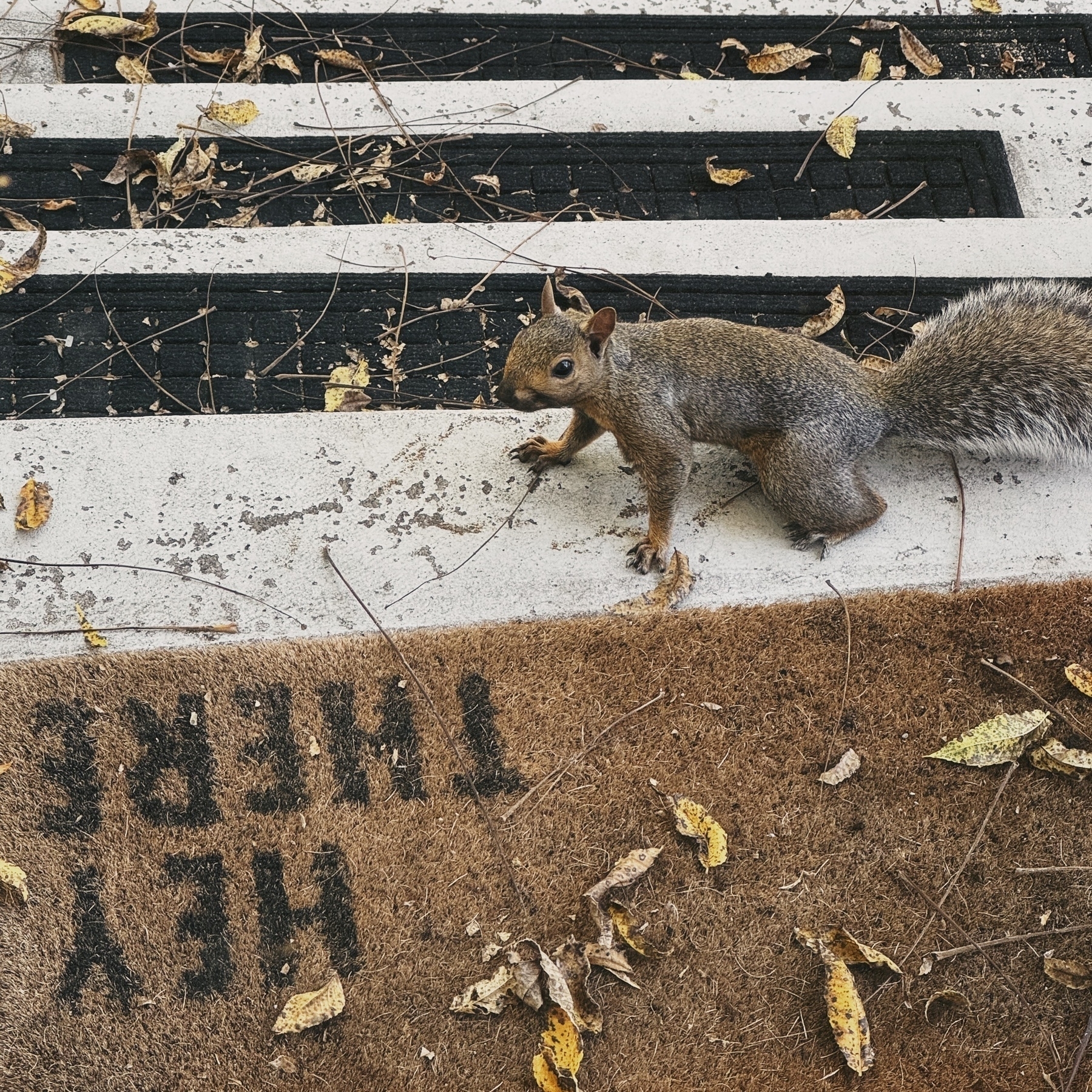 Eastern gray squirrel on the front steps of a house with a mat the says “hey there” in black all caps