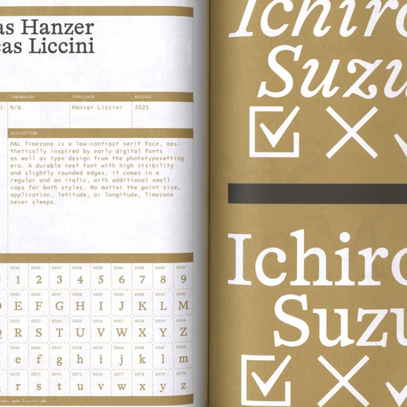 A preview of a type book with two pages open, white and gold background, with various lettering and ligatures sprea out