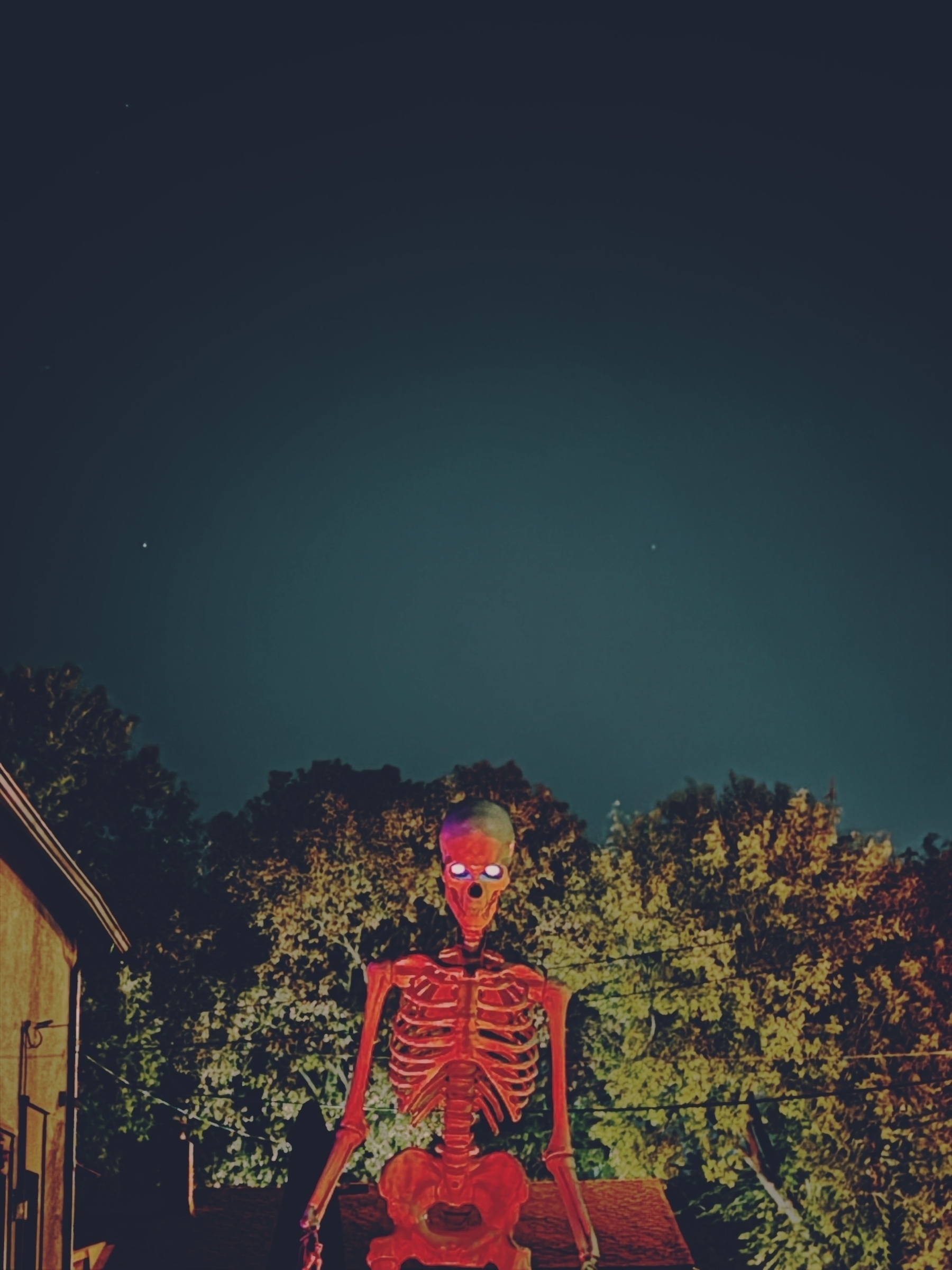 A large, glowing skeleton figure with red-lit eyes stands in front of a forest during the night.