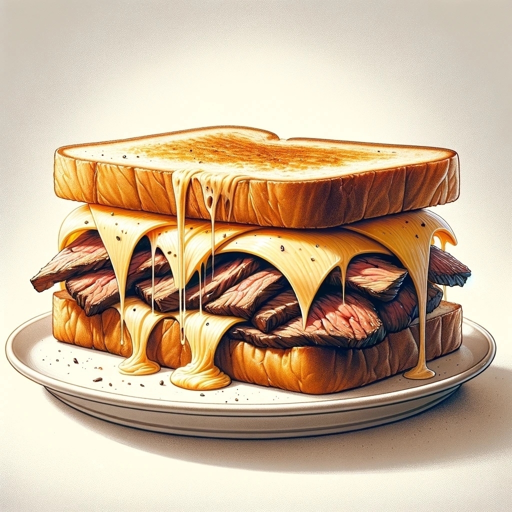 image of a steak sandwich with dripping cheese, created by DALLE-3 (AI)