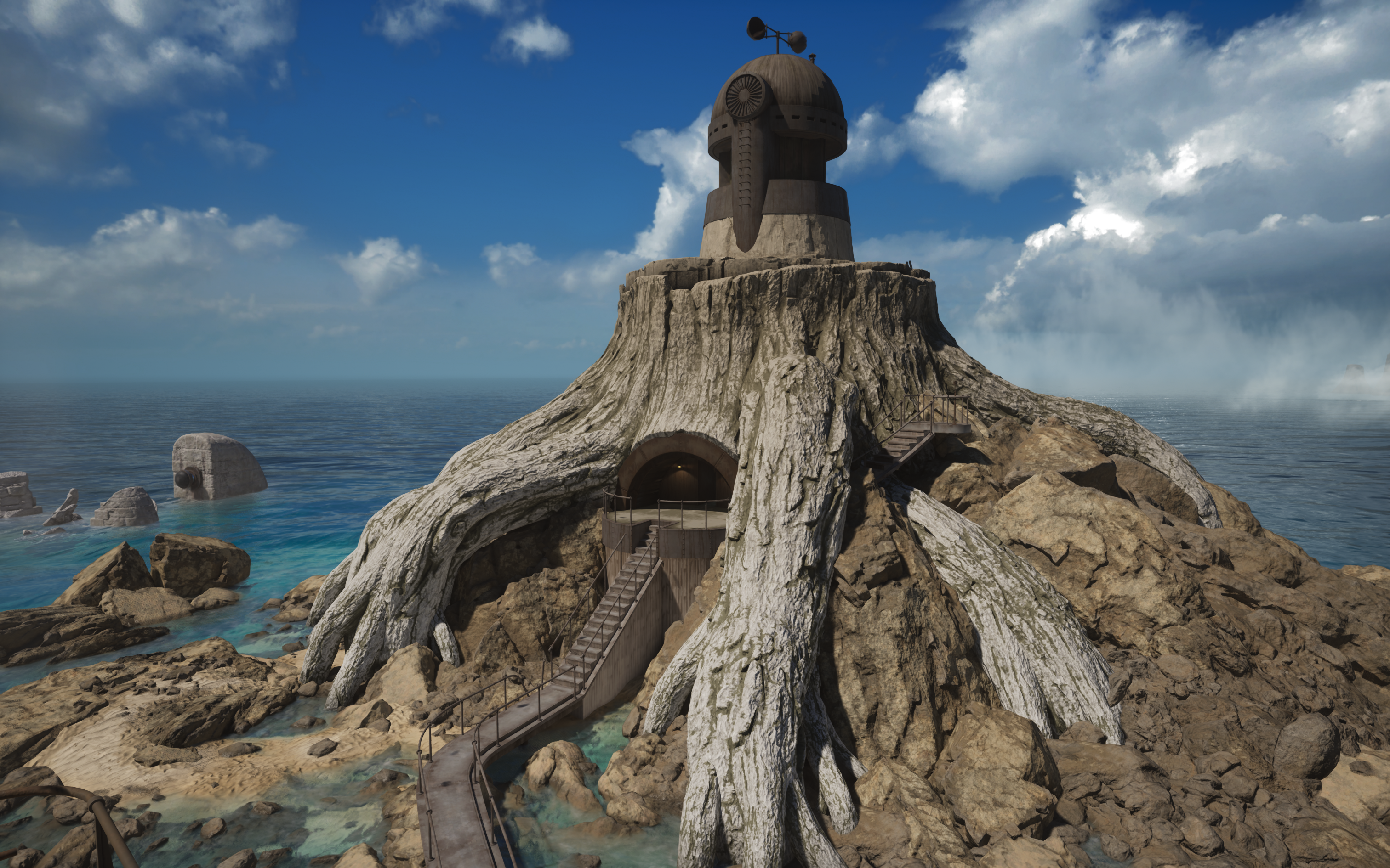 screenshot from the game Riven of the prison island, prominently featuring a blue, partly cloudy sky above an island comprised of half a huge tree trunk with a steampunk dome atop it