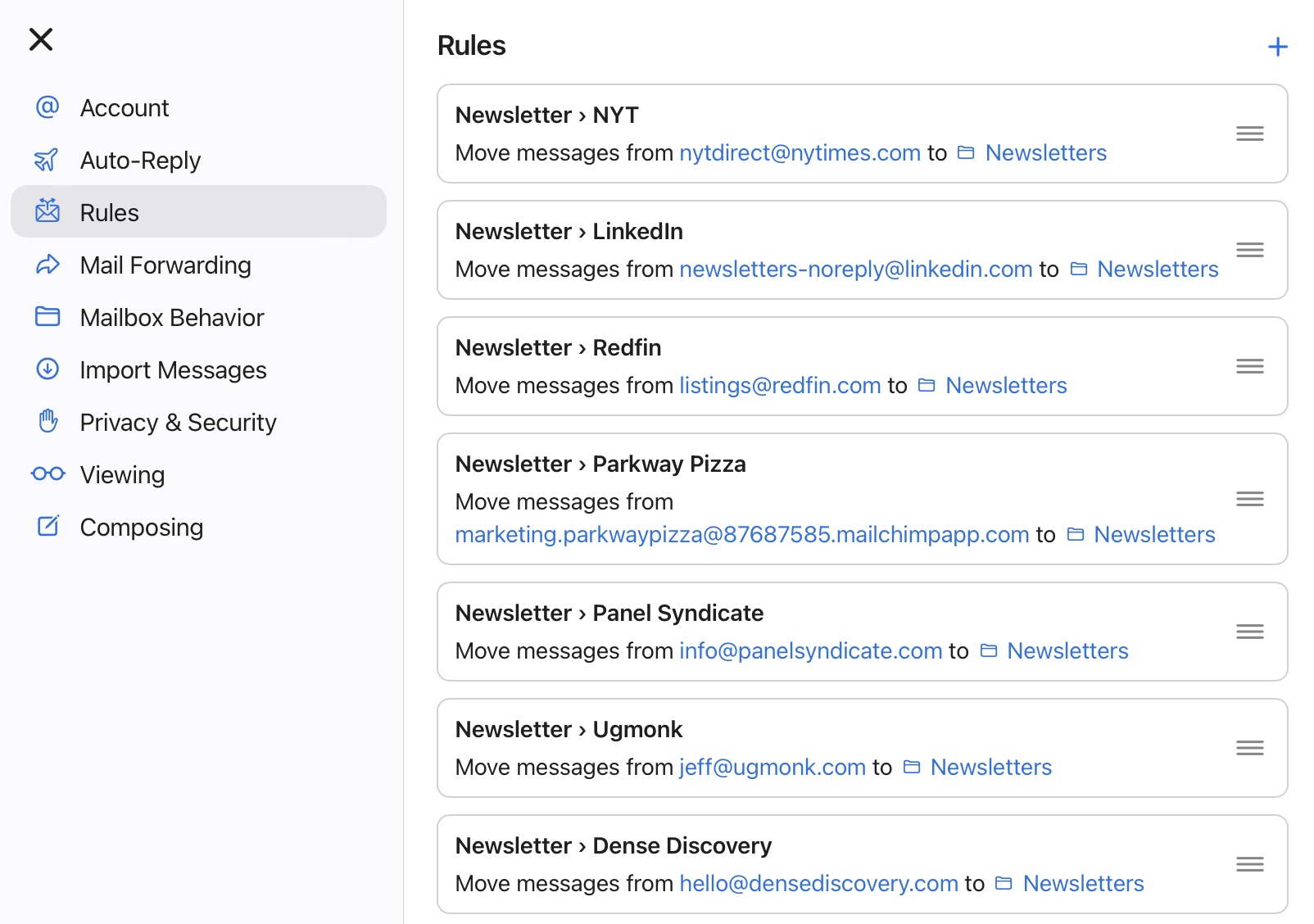 screenshot of a rules panel in Apple iCloud Mail