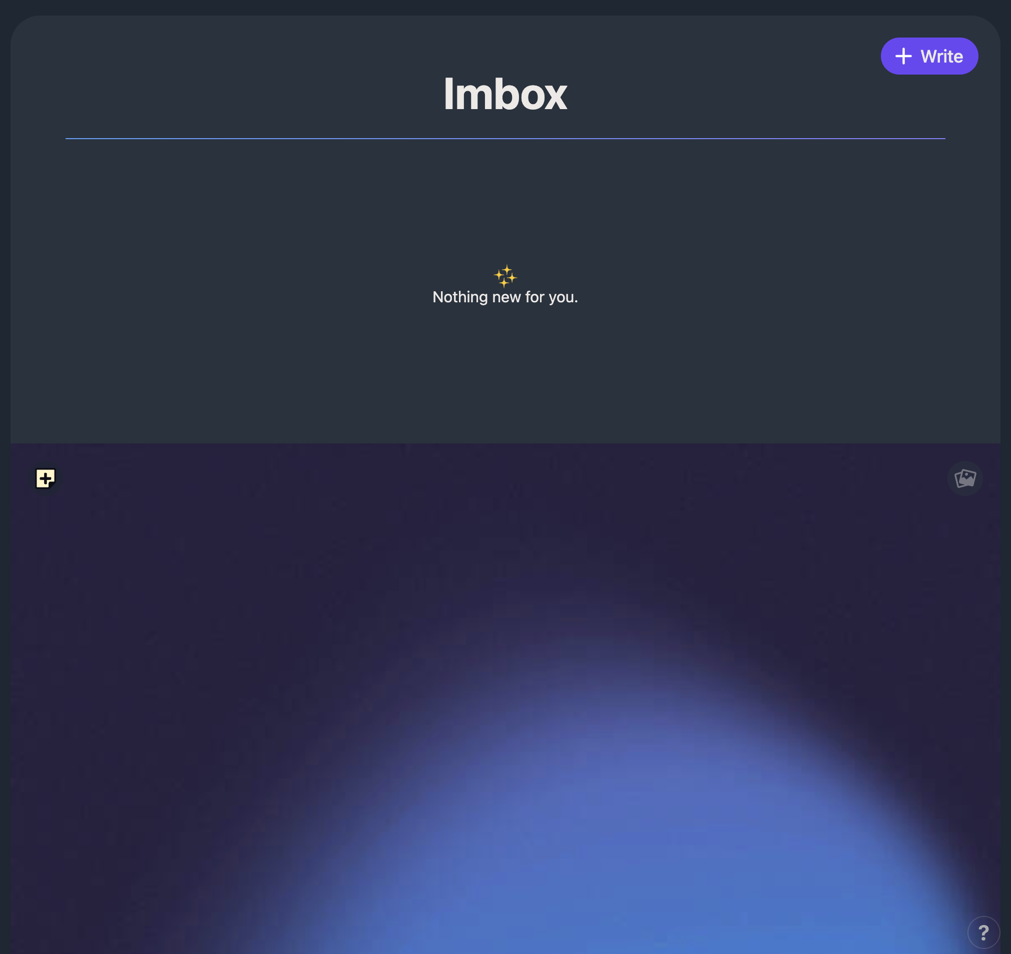 screenshot of a dark and purple tinted window for Hey's Mail Imbox with an abstract purple-blue cover art image hiding read emails