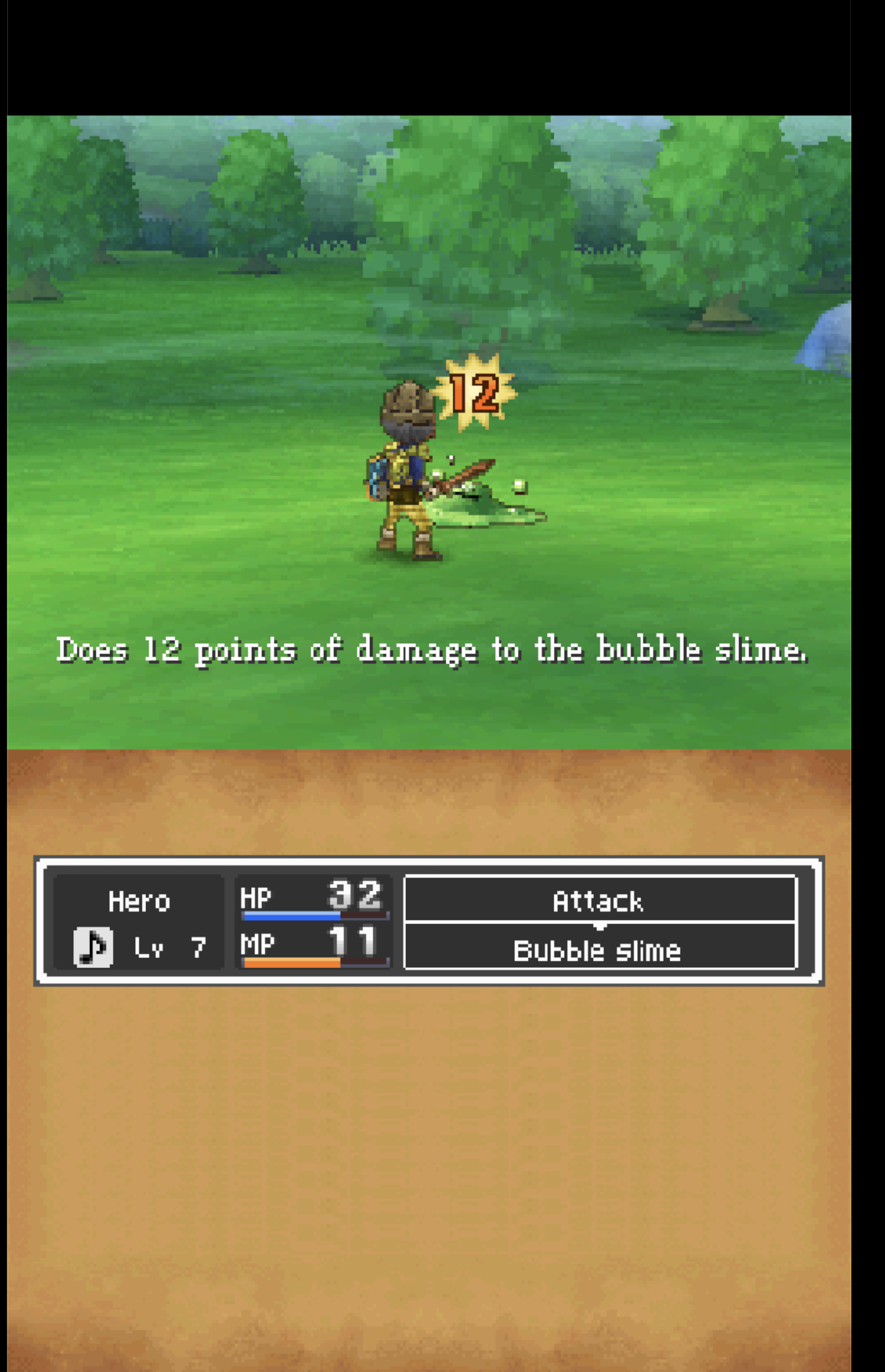 Scene from the Nintendo DS game Dragon Quest IX depicting a split screen with the upper one of the hero character attacking a slime, the lower one the stats of the battle