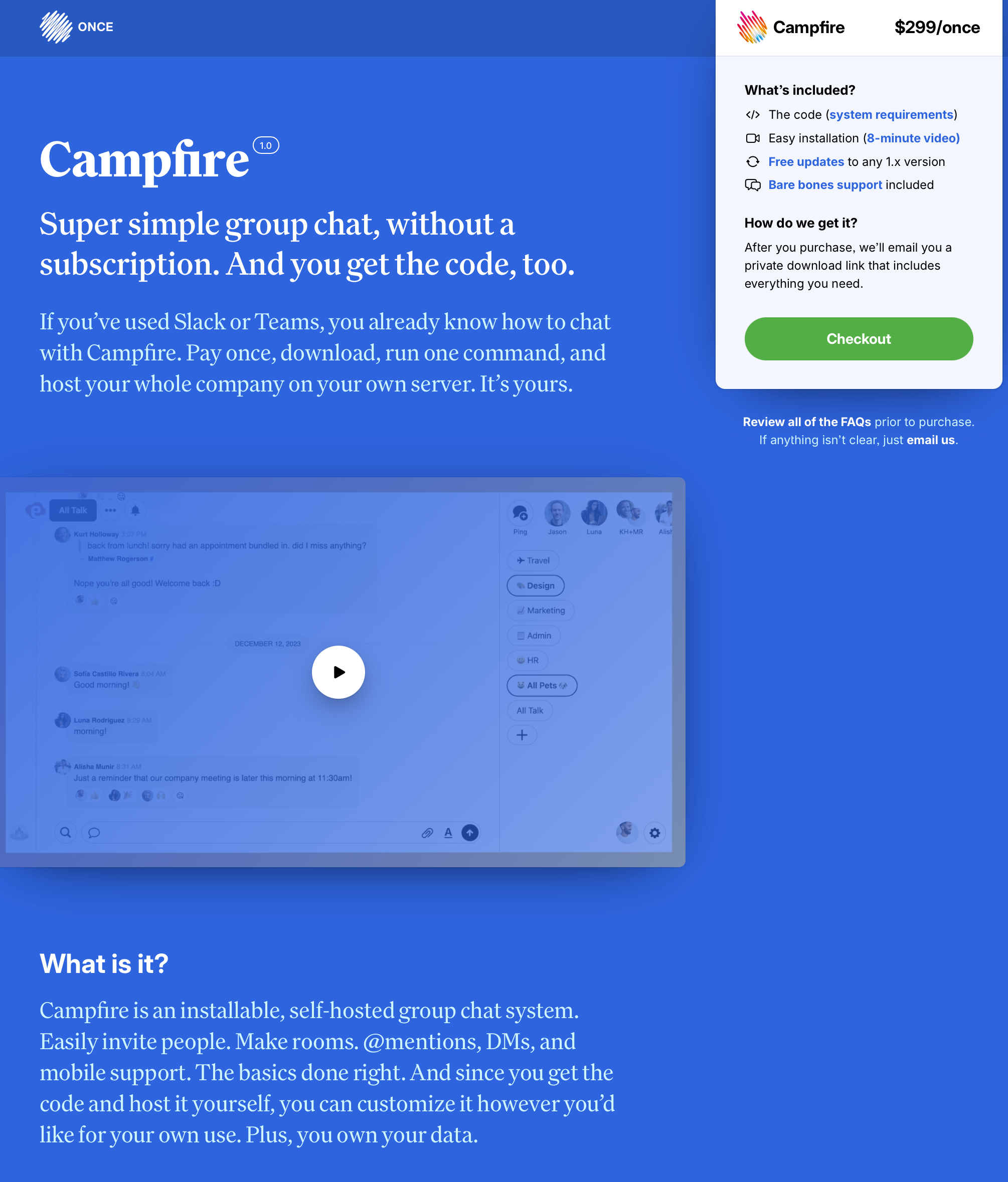 Screenshot of a landing page for Once product called Basecamp, a mostly blue background and white text simply laid out with screenshots and a buy box in upper-right hand corner