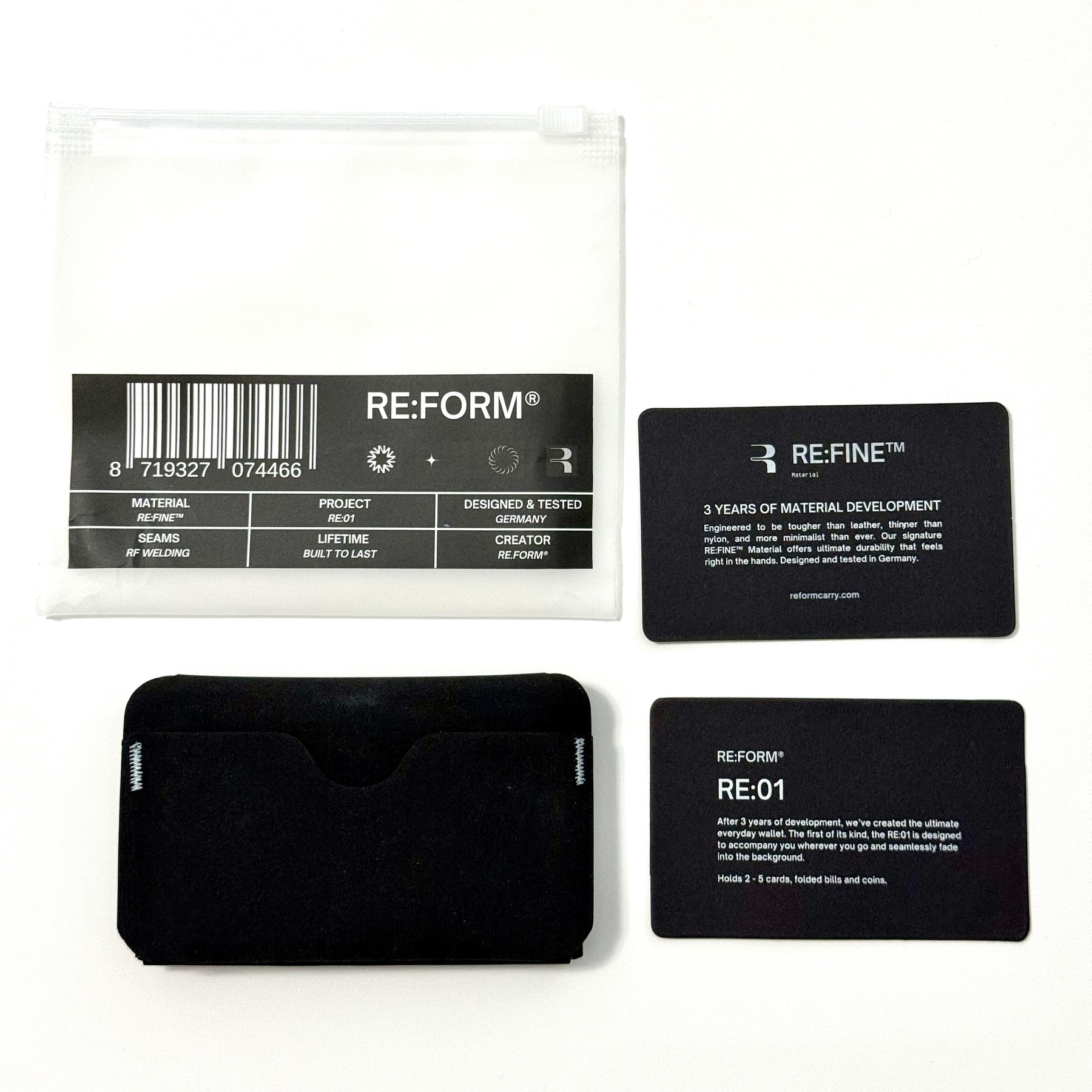 Re:Form Wallet laid out with packaging and in-sleeve materials on a white surface