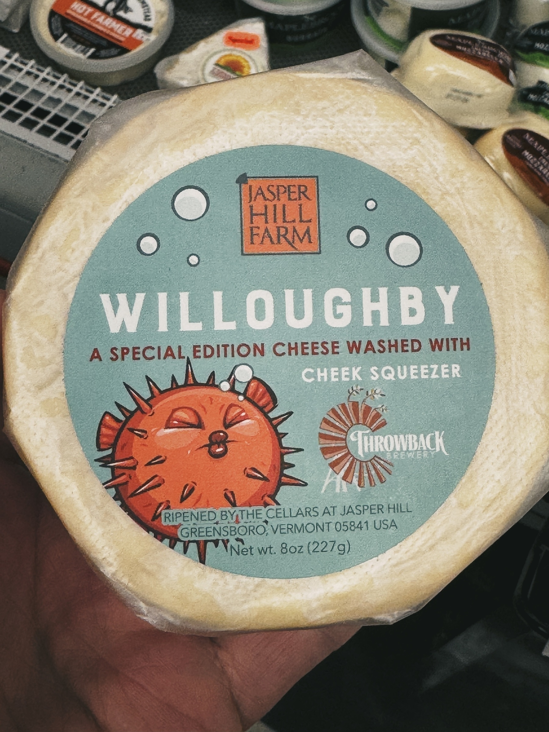 circular package of cheese with teal label and an orange blowfish mascot
