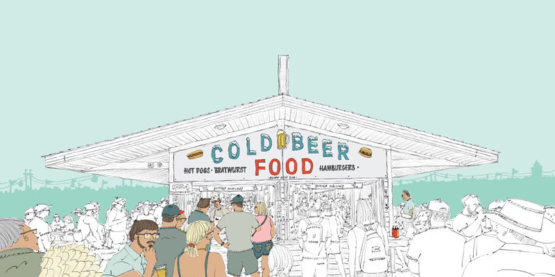 illustration of a fair building against blue backdrop, with people gathered under its wooden awning that reads COLD BEER FOOD