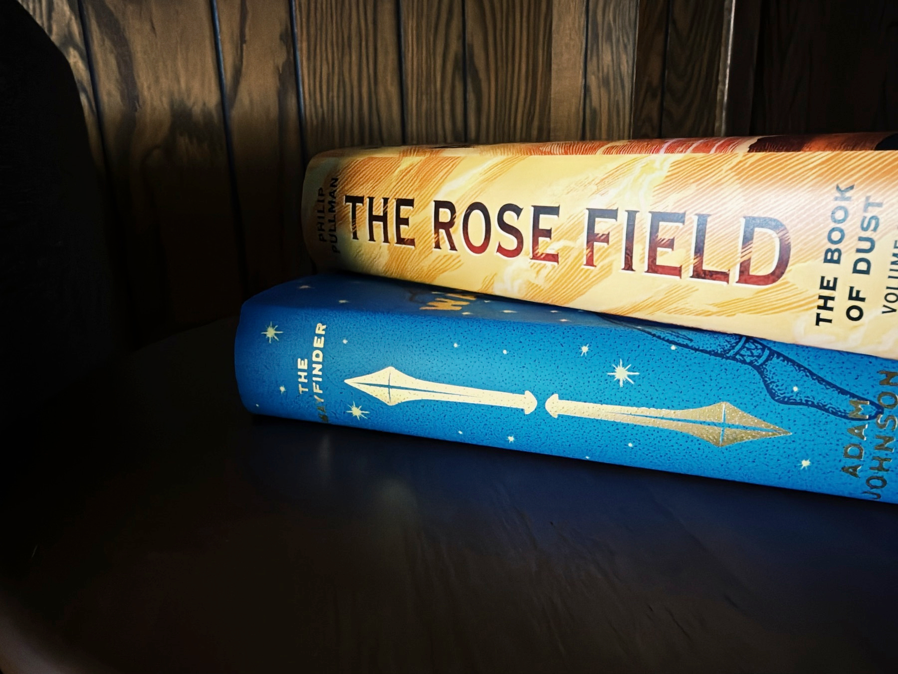 Two hardcover books with colorful spines are stacked on a wooden surface.